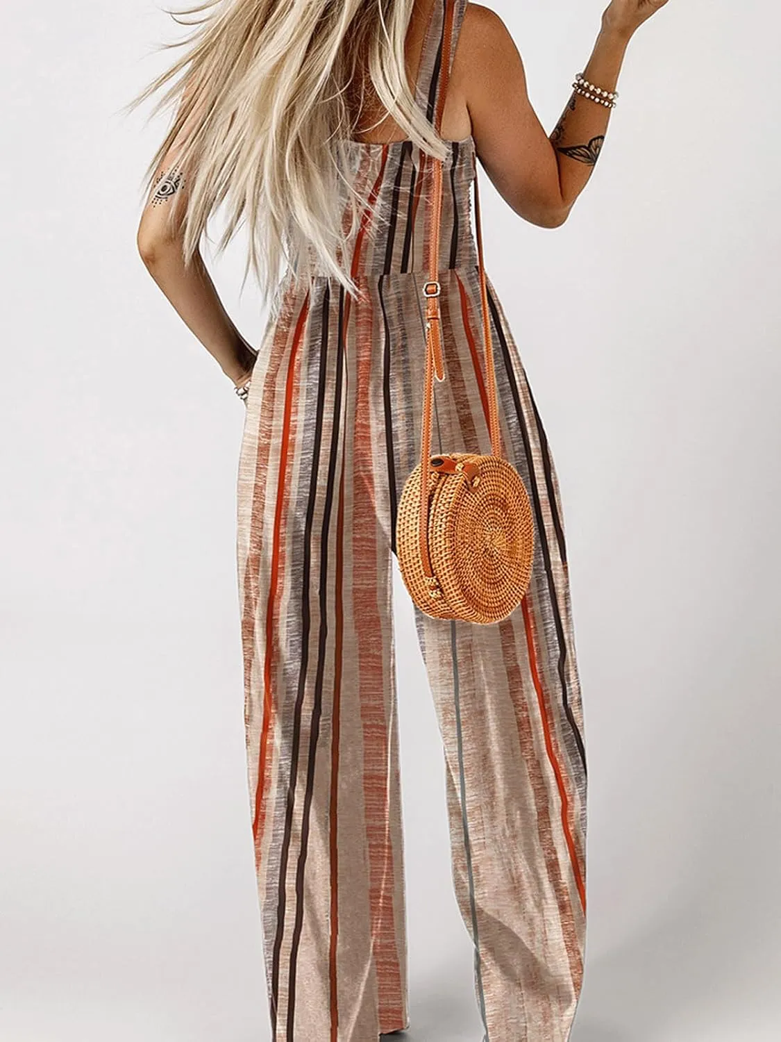CHARTOU Women Baggy Striped Overalls Jumpsuit One Piece Sleeveless Wide Leg Long Pants Rompers with Pockets