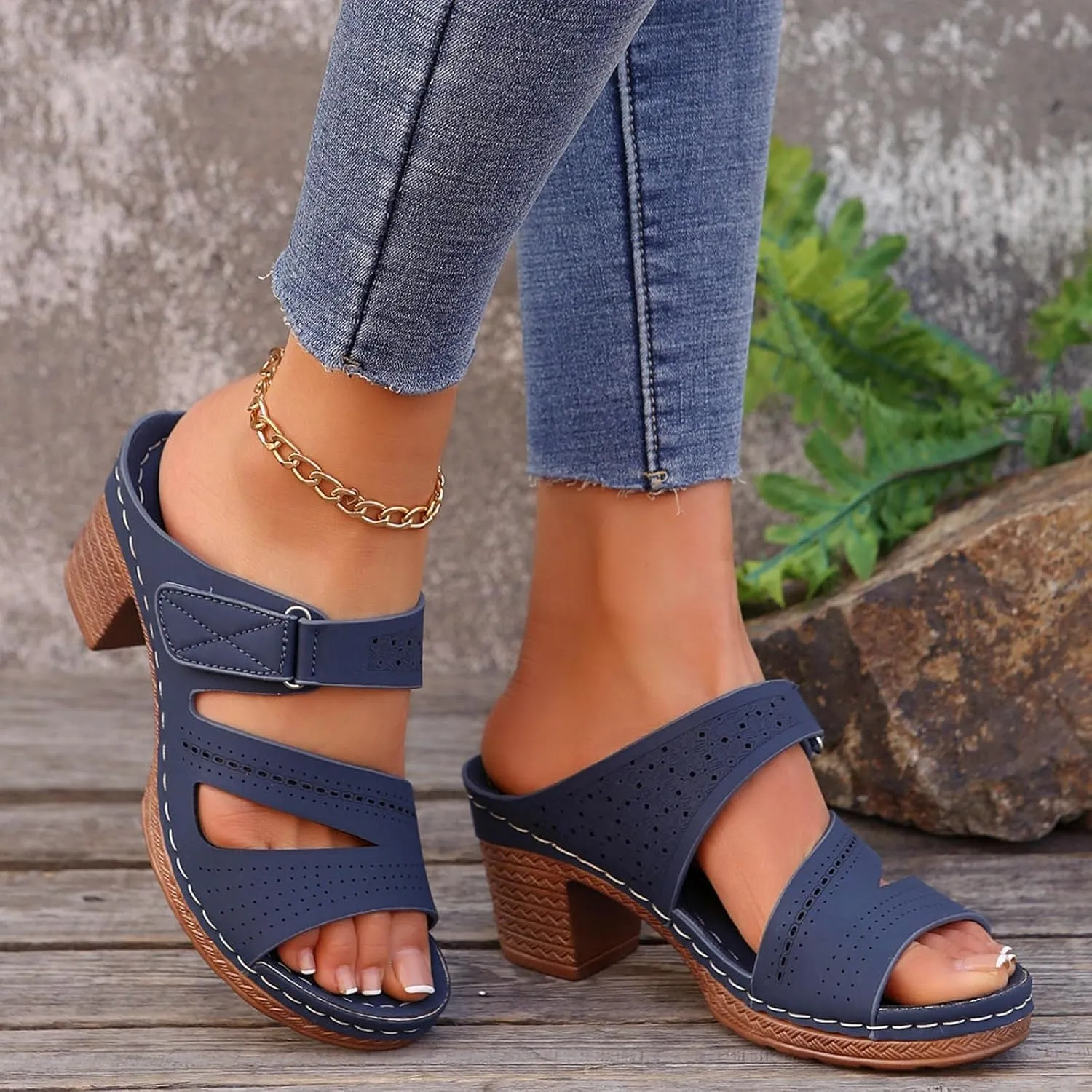 Chunky Heel Slides for Women Open Toe Wedge Sandals with Strap Comfortable Casual Walking Shoes Slip On Beach Sandals Breathable Slippers Platform Comfort Sandal Dressy Slippers for Summer