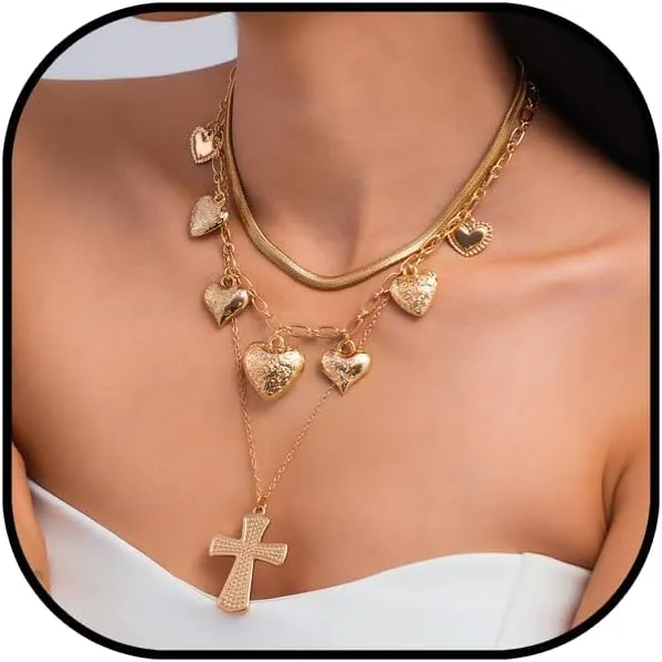 Chunky Layered Gold Charm Heart Necklaces for Women Boho Puffy Heart Charm Cross Necklace Y2K Statement Jewelry