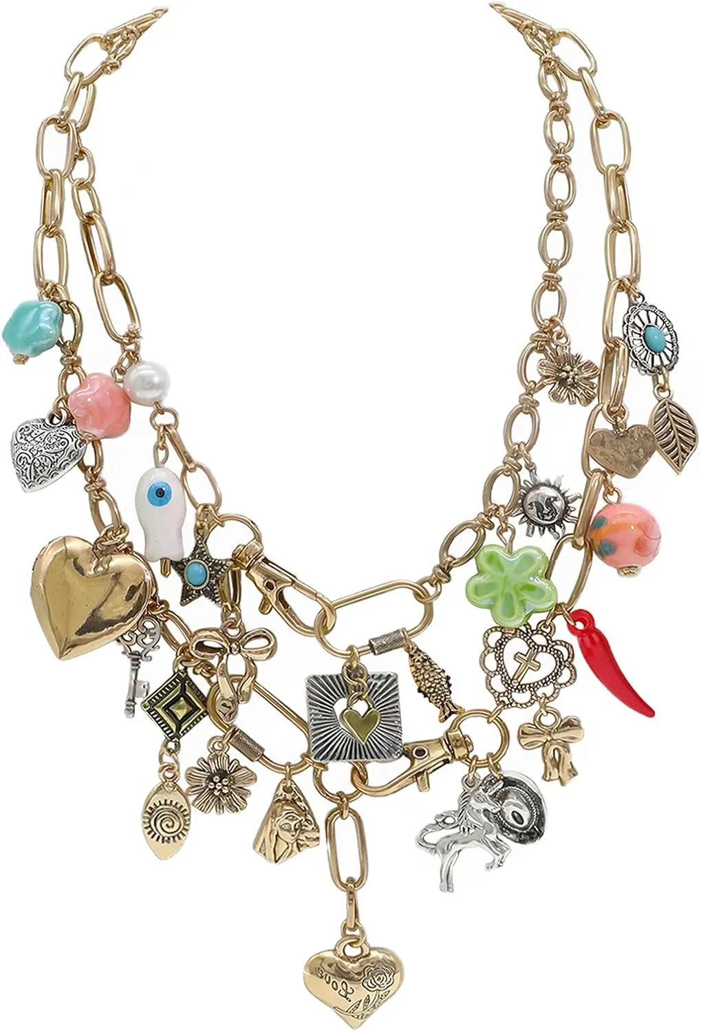 Chunky Retro Heart Necklace for Women Antique Layer Beach Ocean Moon Stars Western Boho Charm Necklaces Retro Link Chain Jewelry