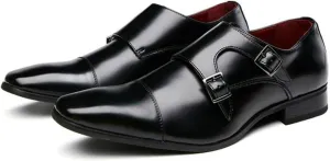 Classic Oxford for Men Wedding Shoes Dual Monk Straps Slip on Genuine Leather Burnished Style Stitching Square Toe Three Joints Fashion (Color : Black, Size : 9 M US)