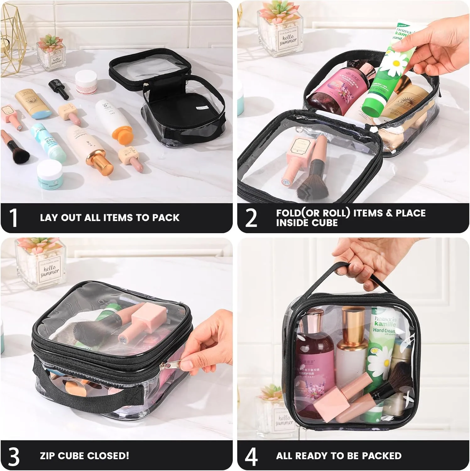 Clear pouches for travel toiletries vinyl TSA airport approved proof makeup bag reusable organizer (black)