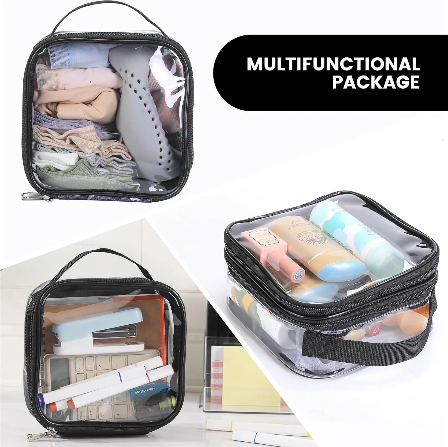 Clear pouches for travel toiletries vinyl TSA airport approved proof makeup bag reusable organizer (black)