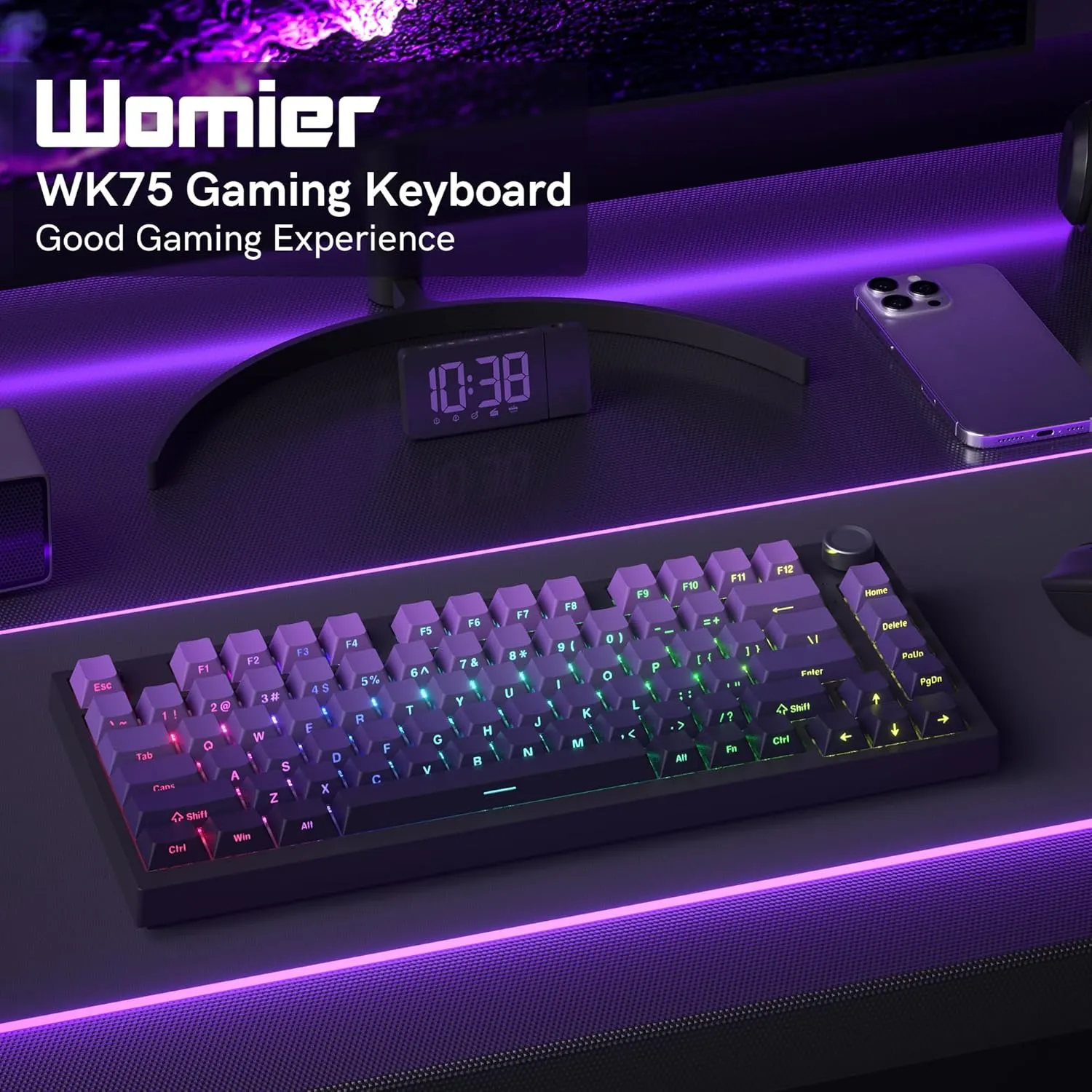 COSTOM WK75 75% Wireless Gaming Mechanical Keyboard,BT5.0/2.4GHz/USB-C, Hot Swappable Pre-lubed Custom Linear Switches,Gasket Structure,RGB Backlit Keyboard for PC/Laptop/Xbox/PS4/PS5 (Purple)