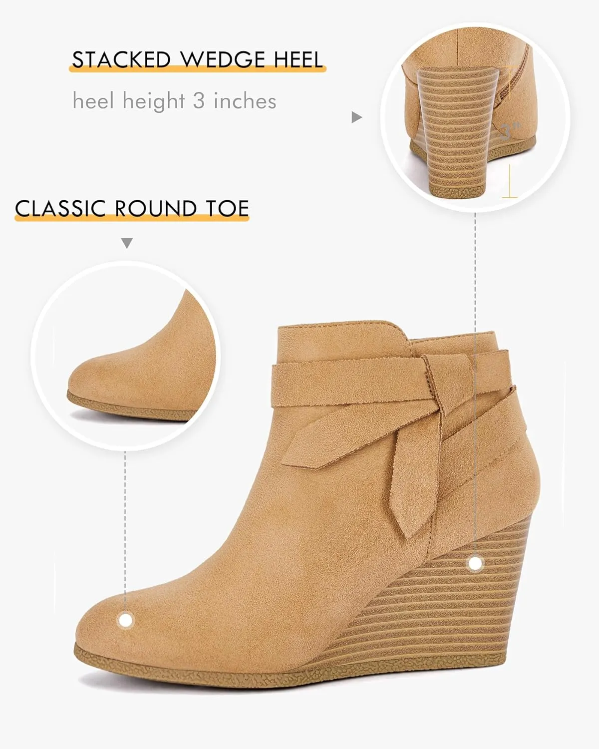 Coutgo Womens Wedge Booties Fall Ankle Boots Tie Knot Stacked Heeled Side Zipper Winter Dress Shoes