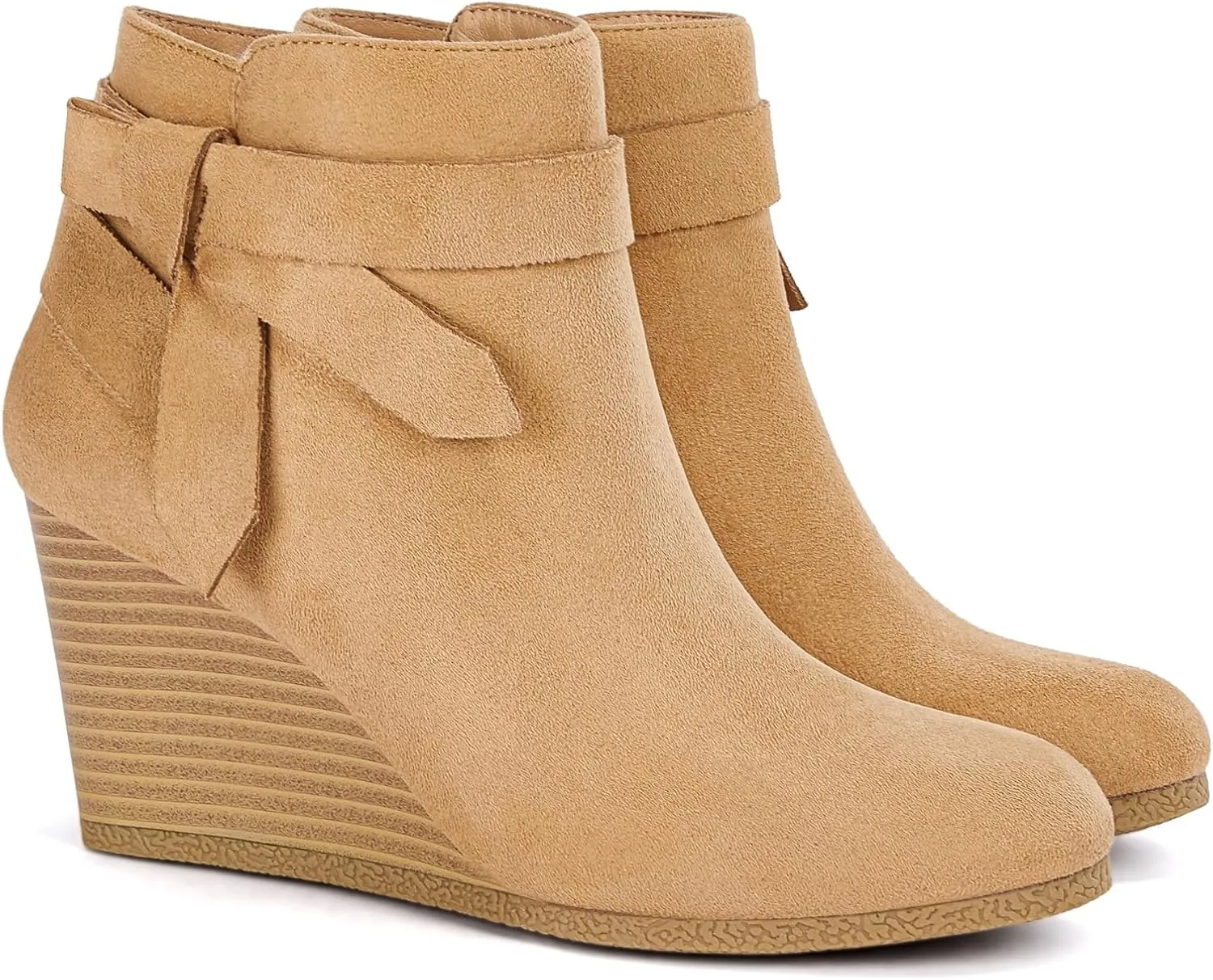 Coutgo Womens Wedge Booties Fall Ankle Boots Tie Knot Stacked Heeled Side Zipper Winter Dress Shoes