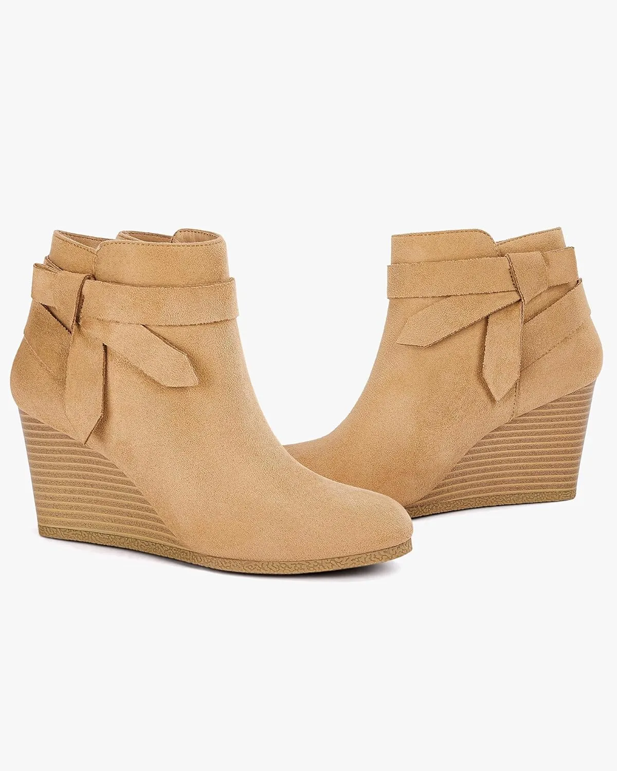 Coutgo Womens Wedge Booties Fall Ankle Boots Tie Knot Stacked Heeled Side Zipper Winter Dress Shoes