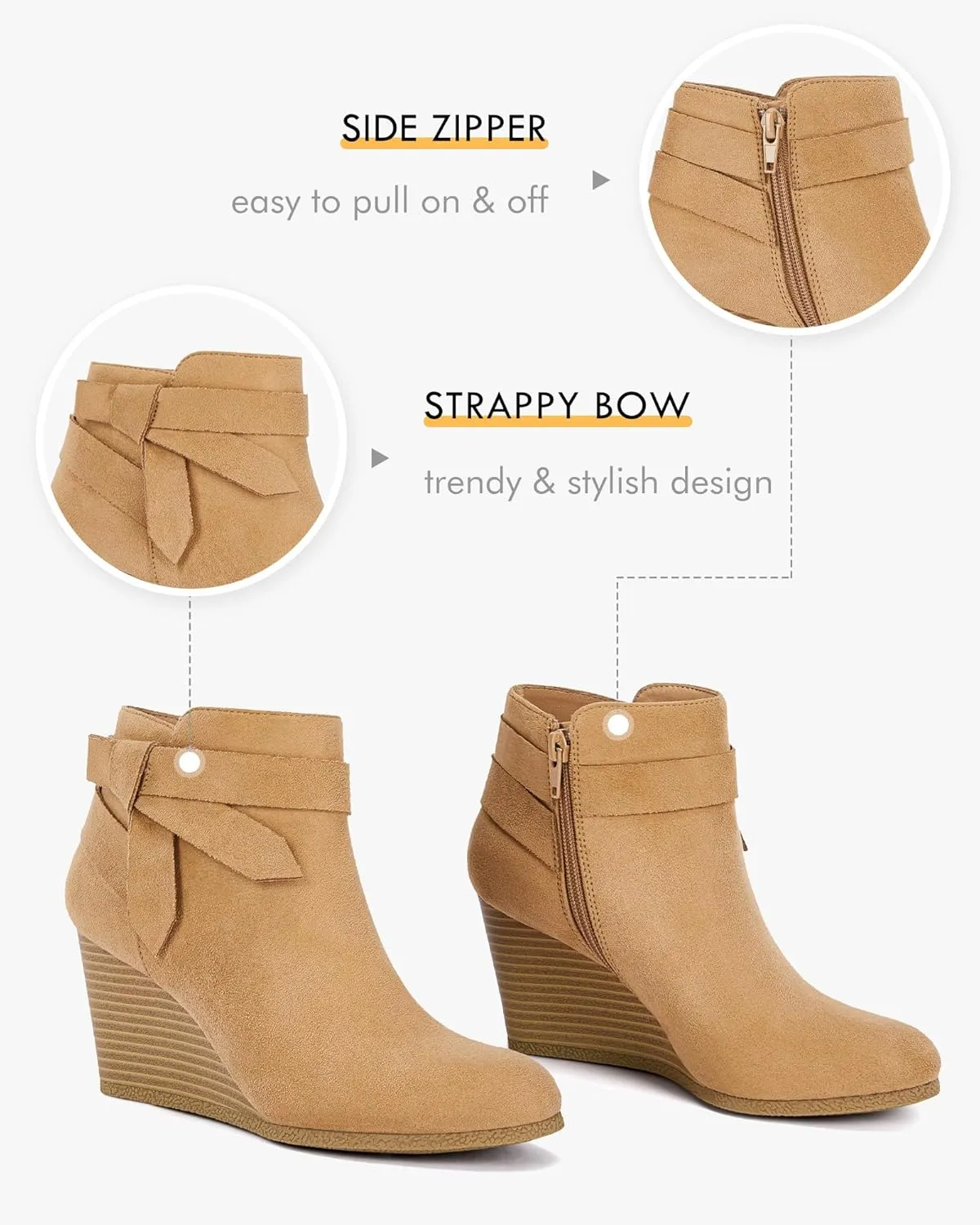 Coutgo Womens Wedge Booties Fall Ankle Boots Tie Knot Stacked Heeled Side Zipper Winter Dress Shoes