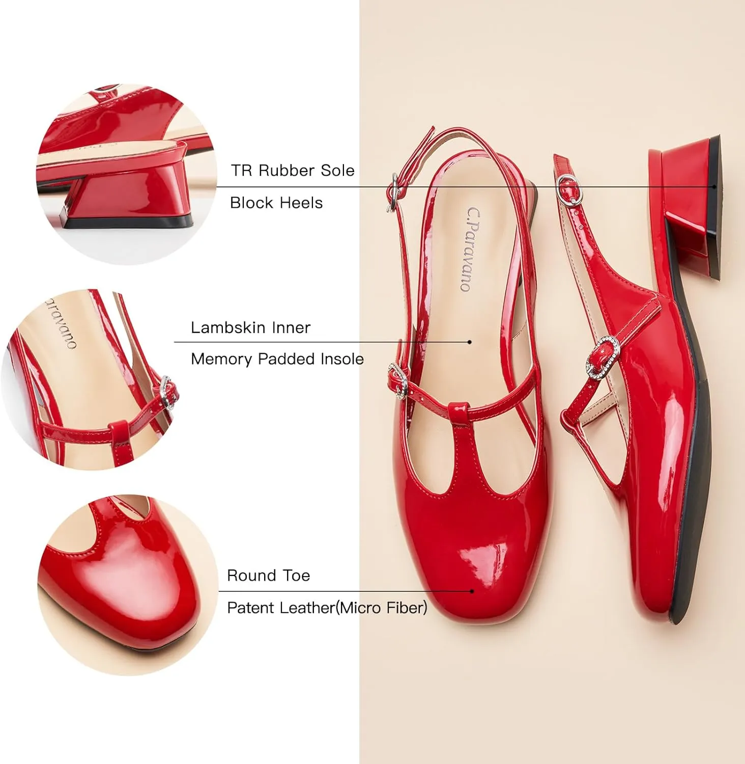 C.Paravano Mary Jane Slingback Pumps Round Toe Low Heels T Strap Slingback Heels Women Sling Back Slip On Party Dress Work Shoes
