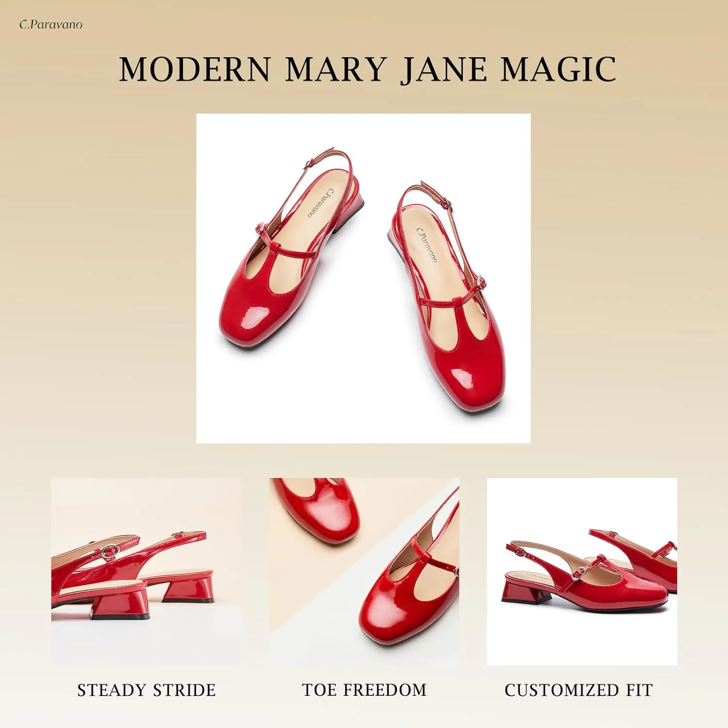 C.Paravano Mary Jane Slingback Pumps Round Toe Low Heels T Strap Slingback Heels Women Sling Back Slip On Party Dress Work Shoes