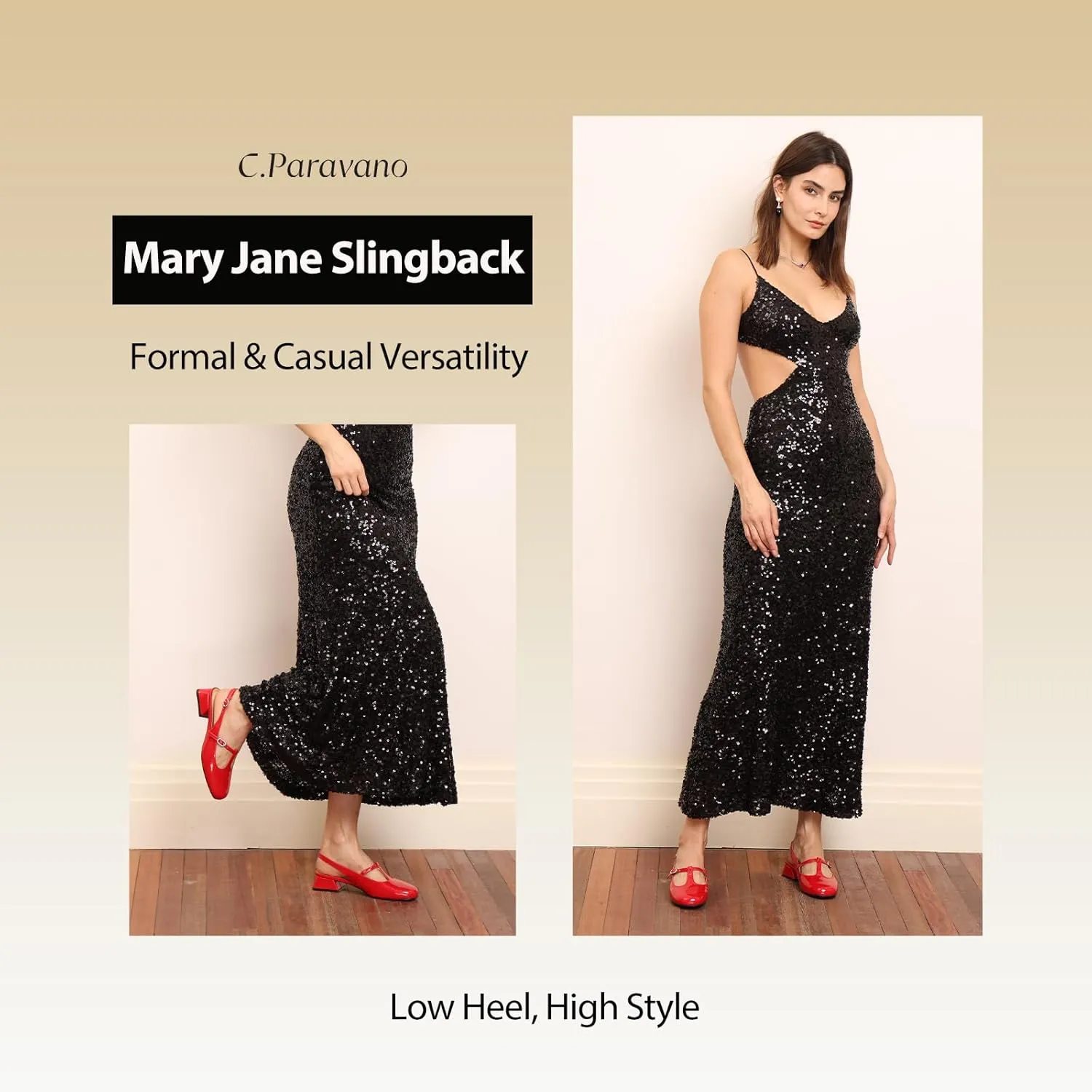 C.Paravano Mary Jane Slingback Pumps Round Toe Low Heels T Strap Slingback Heels Women Sling Back Slip On Party Dress Work Shoes
