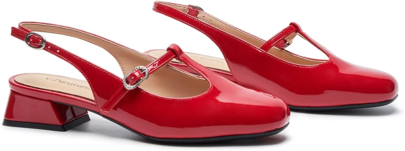 C.Paravano Mary Jane Slingback Pumps Round Toe Low Heels T Strap Slingback Heels Women Sling Back Slip On Party Dress Work Shoes