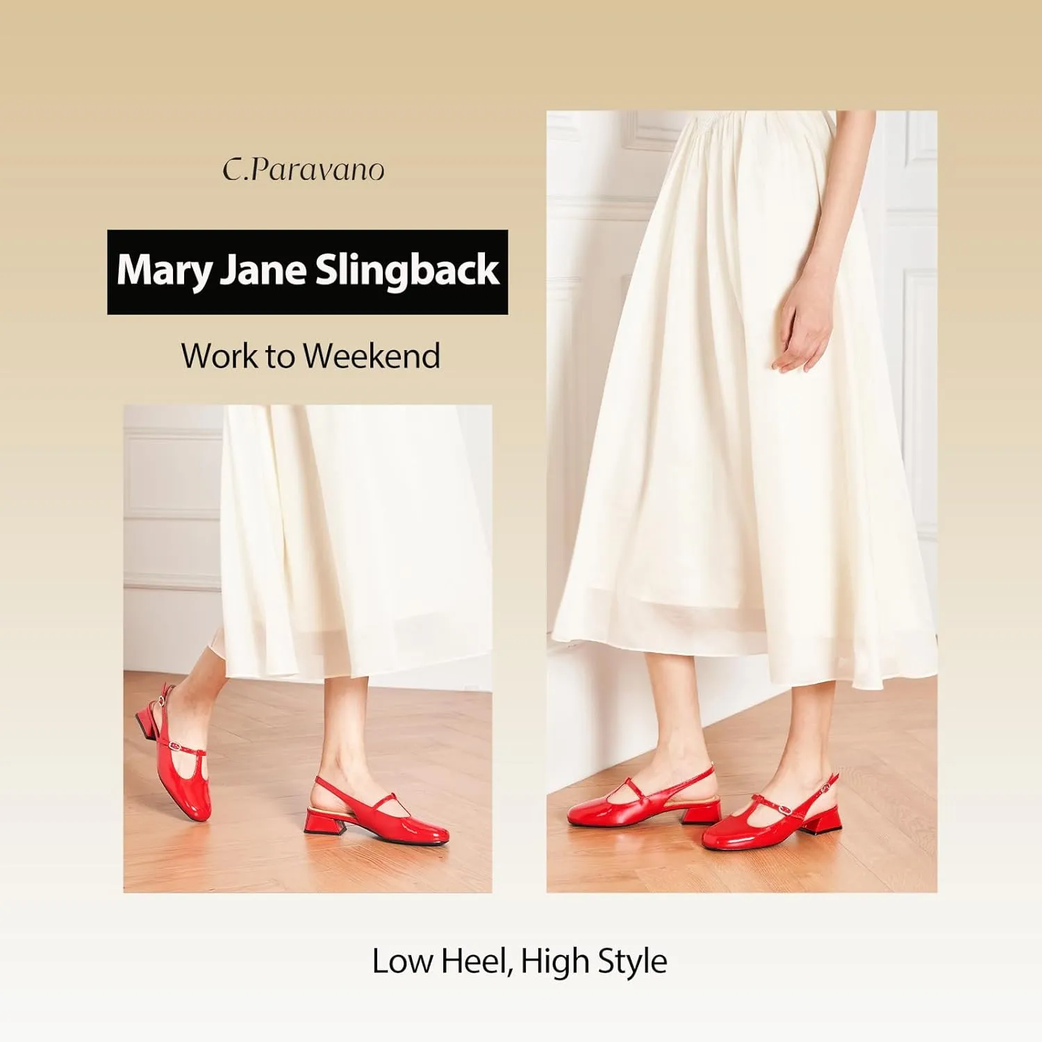 C.Paravano Mary Jane Slingback Pumps Round Toe Low Heels T Strap Slingback Heels Women Sling Back Slip On Party Dress Work Shoes