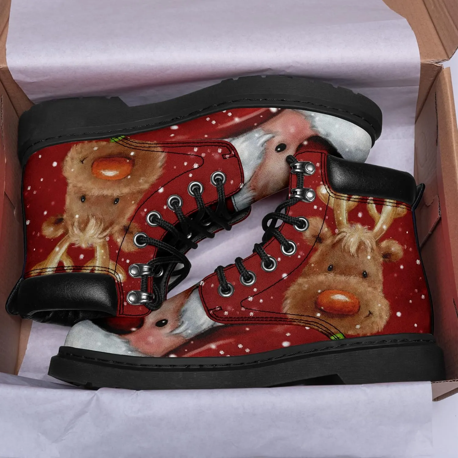 Custom Christmas Shoes, Christmas Santa Claus Boots Vegan Leather Lace up Boots Personalized Christmas Gift for Family, Friends