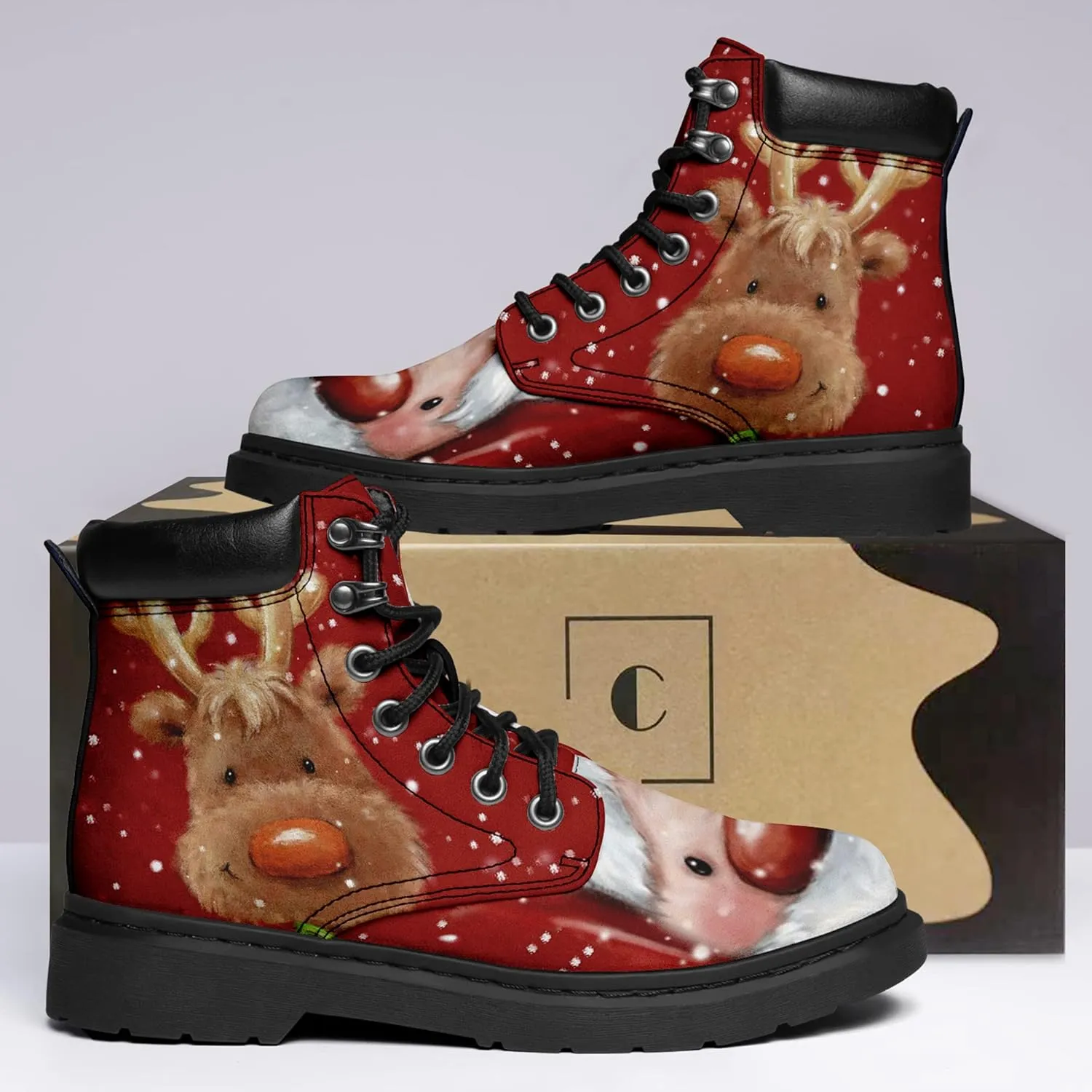 Custom Christmas Shoes, Christmas Santa Claus Boots Vegan Leather Lace up Boots Personalized Christmas Gift for Family, Friends