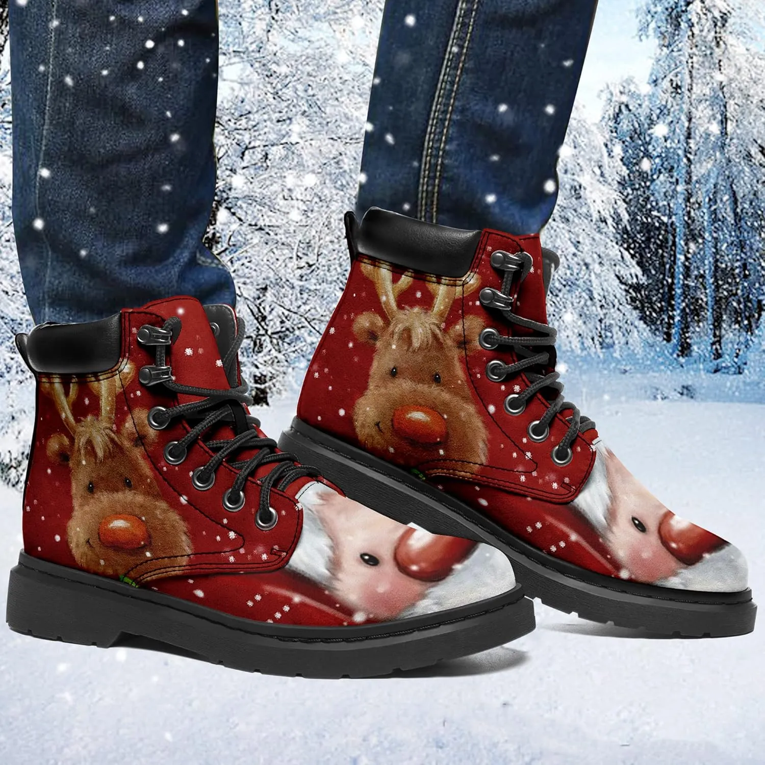 Custom Christmas Shoes, Christmas Santa Claus Boots Vegan Leather Lace up Boots Personalized Christmas Gift for Family, Friends
