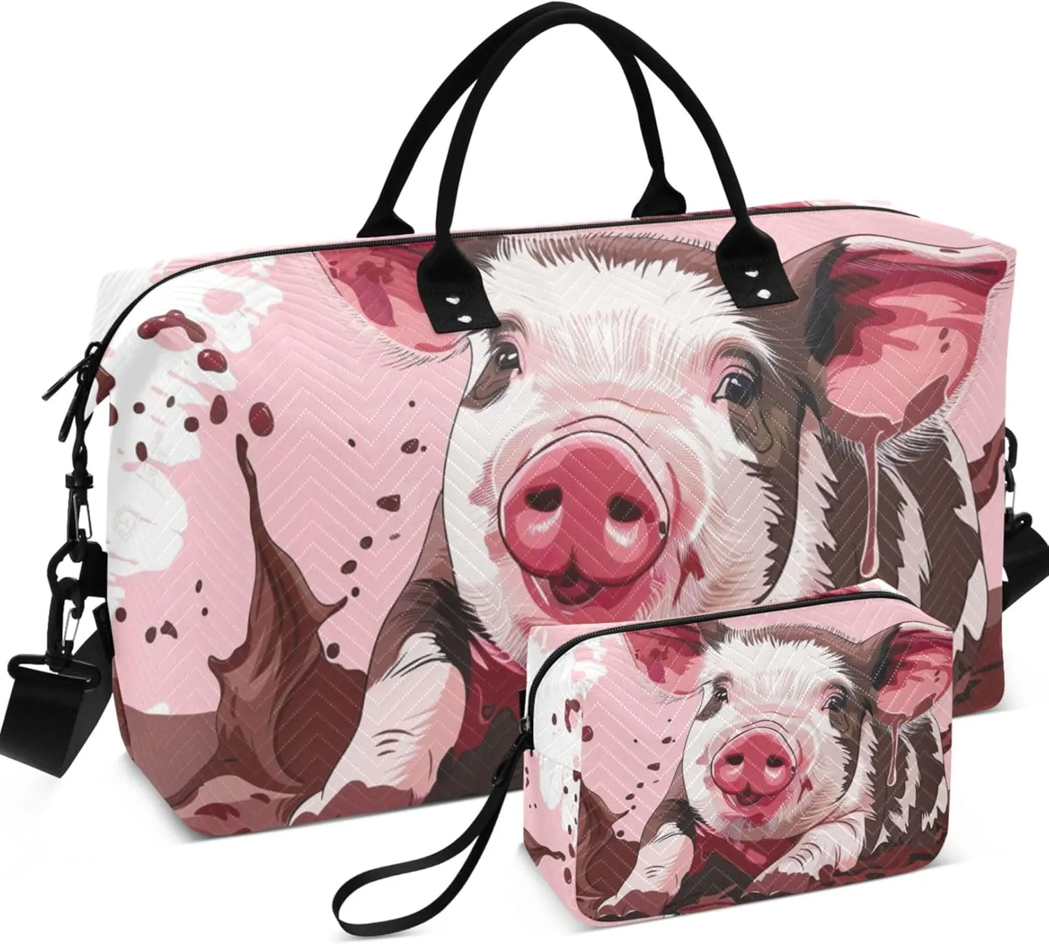 Cute Pig in the Mud Stock Duffel Bag Womens Toiletry Pouches Set of 2, Art Luggage Bags Carry on Tote