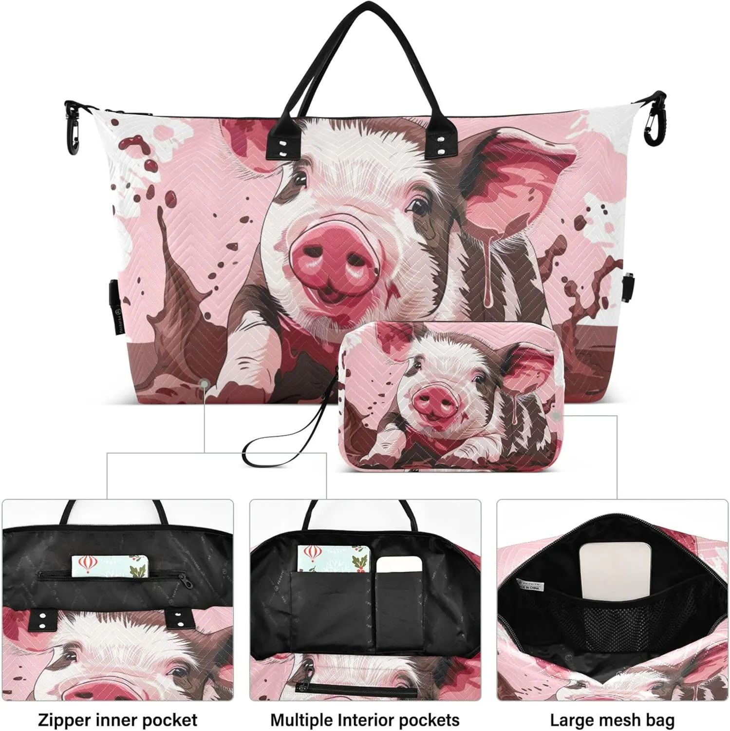 Cute Pig in the Mud Stock Duffel Bag Womens Toiletry Pouches Set of 2, Art Luggage Bags Carry on Tote