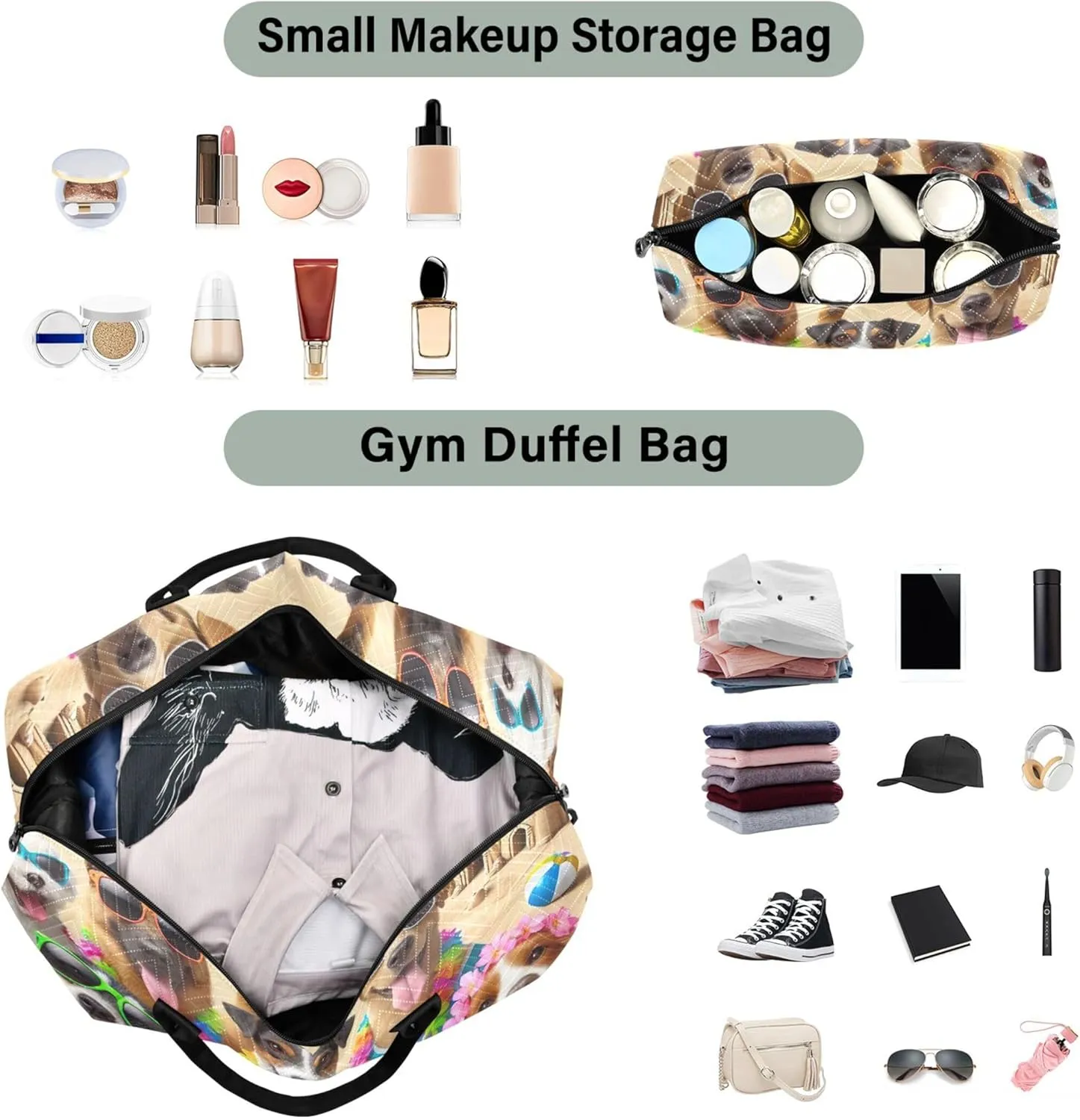 Cute Puppy Dogs Beach Duffel Bag Womens Toiletry Pouches Set of 2, Prints Sports Dance Bag Carry on Duffle