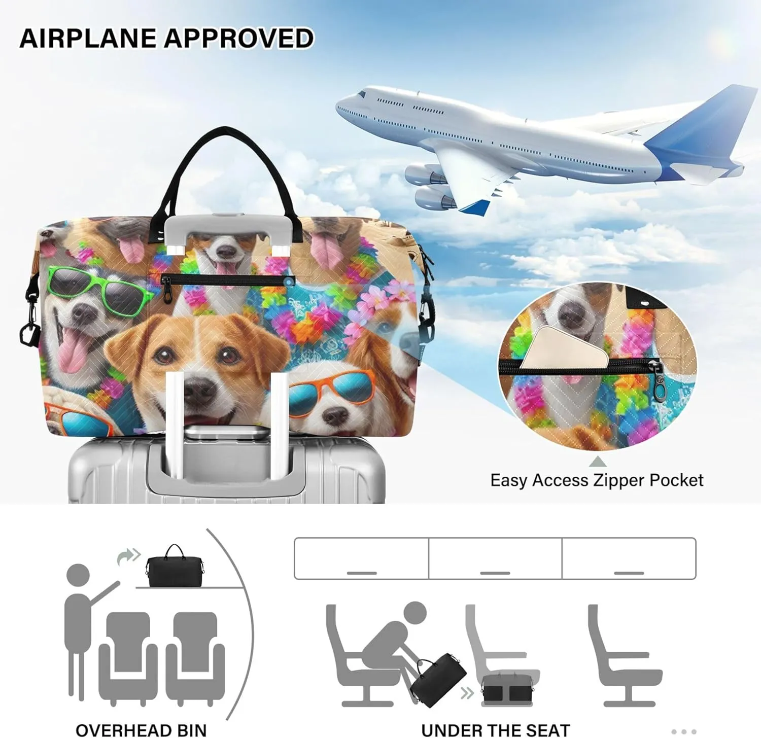 Cute Puppy Dogs Beach Duffel Bag Womens Toiletry Pouches Set of 2, Prints Sports Dance Bag Carry on Duffle