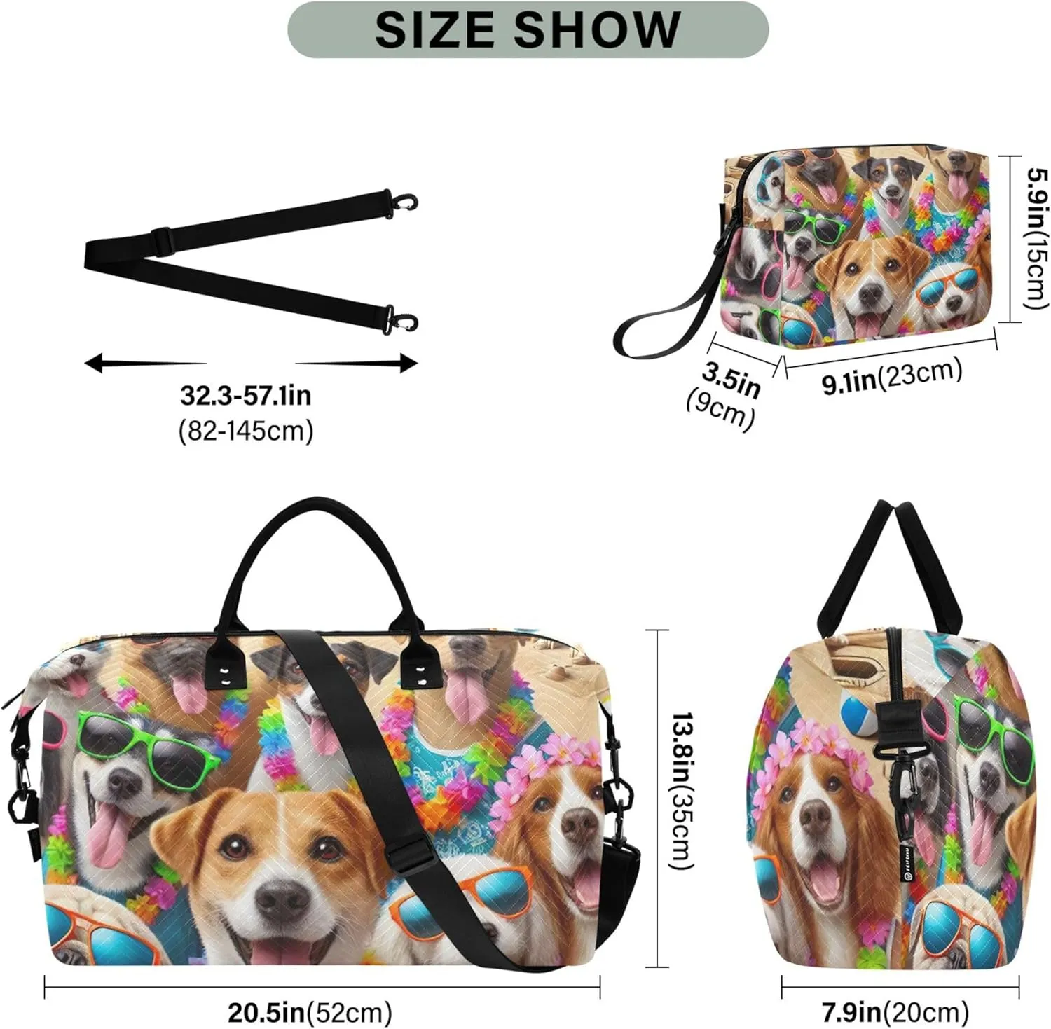 Cute Puppy Dogs Beach Duffel Bag Womens Toiletry Pouches Set of 2, Prints Sports Dance Bag Carry on Duffle