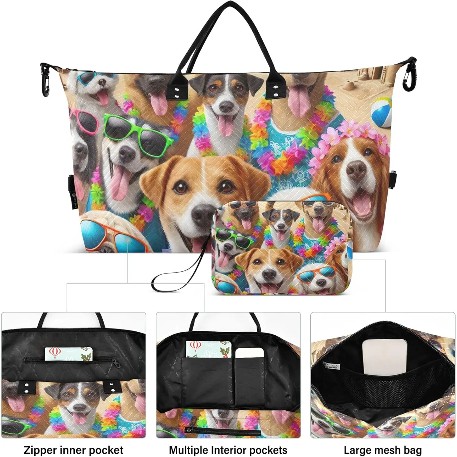 Cute Puppy Dogs Beach Duffel Bag Womens Toiletry Pouches Set of 2, Prints Sports Dance Bag Carry on Duffle