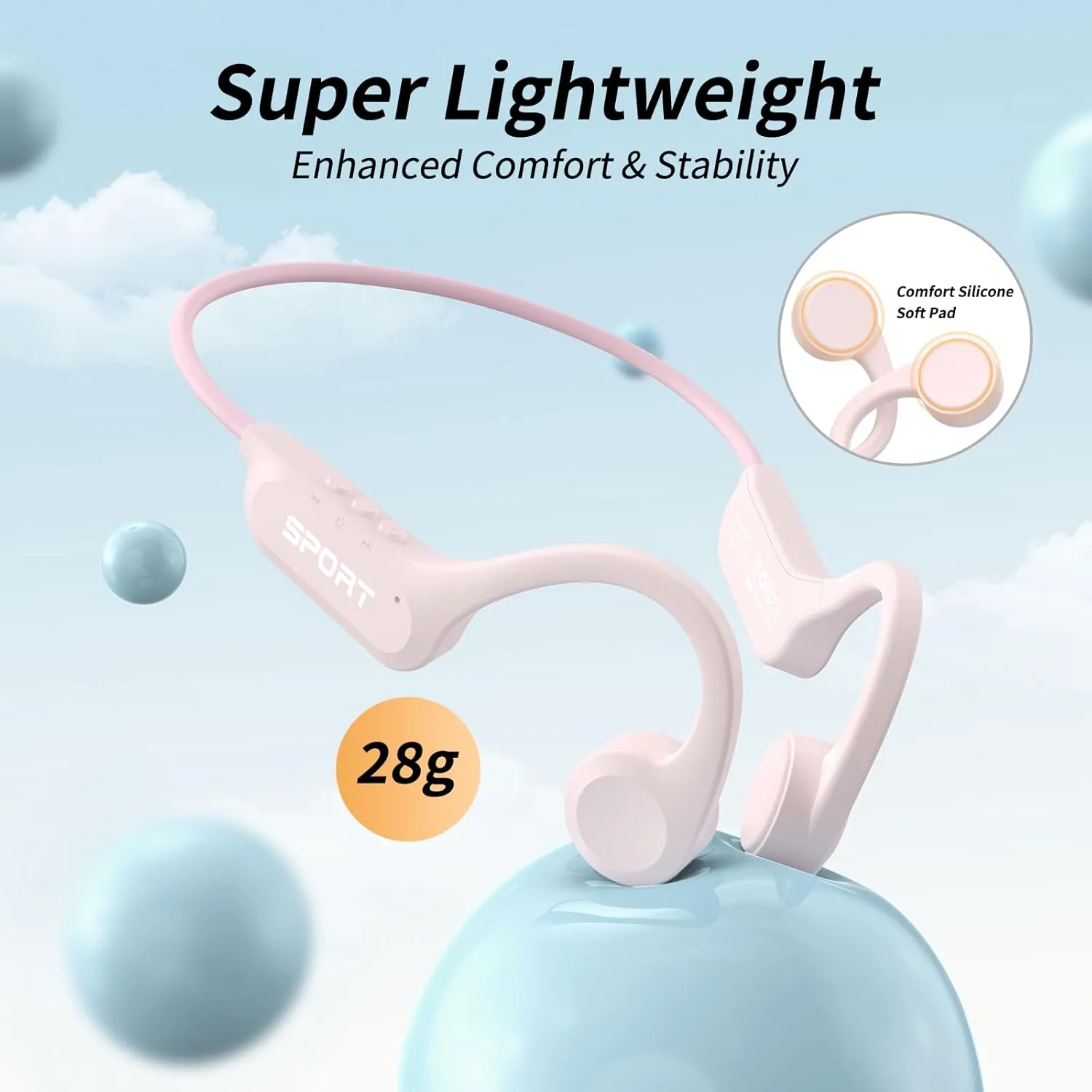 CXK Bone Conduction Earbuds,Open Ear Headphones Bluetooth 5.3, Wireless Headphones 8H Playtime, IPX6 Waterproof Sport Headphones for Sports, Peach