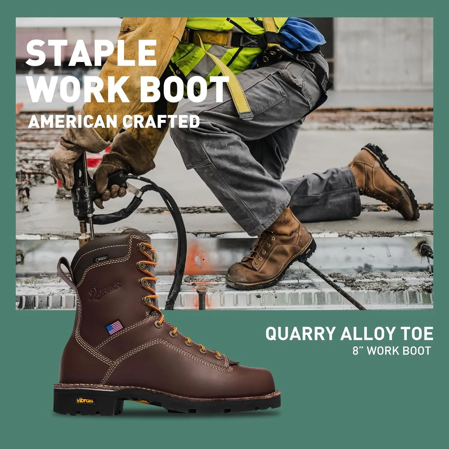 Danner 8 Quarry USA Waterproof Alloy Safety Toe Work Boots for Men - Full-Grain Leather with Gore-Tex Lining and Traction Heel Outsole, EH Resistant