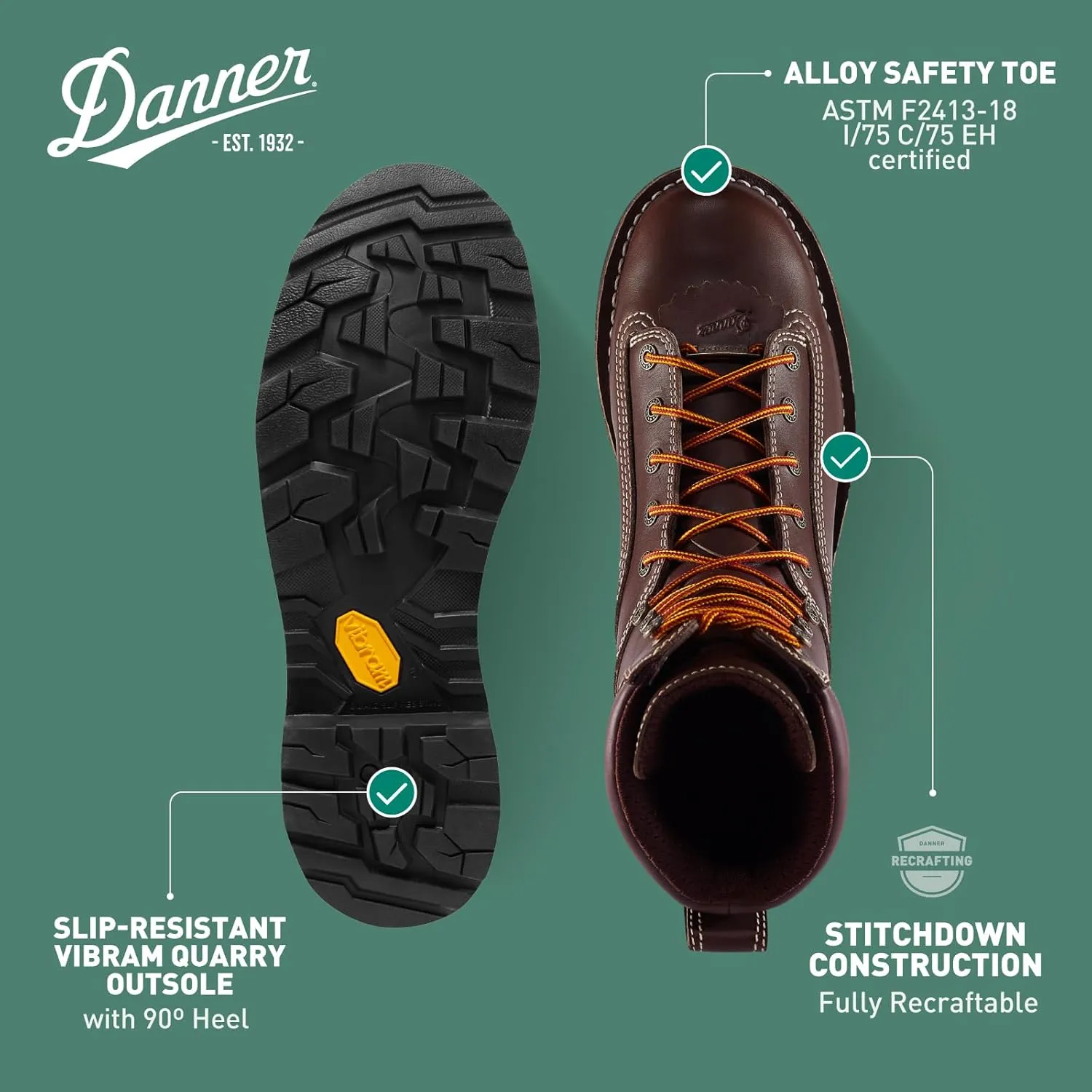 Danner 8 Quarry USA Waterproof Alloy Safety Toe Work Boots for Men - Full-Grain Leather with Gore-Tex Lining and Traction Heel Outsole, EH Resistant
