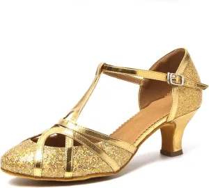 DKZSYIM Glitter Women Latin Dance Shoes Closed Toe Ballroom Salsa Tango Practice Performence Party Dancing Shoes,N511-Gold-5,US 10