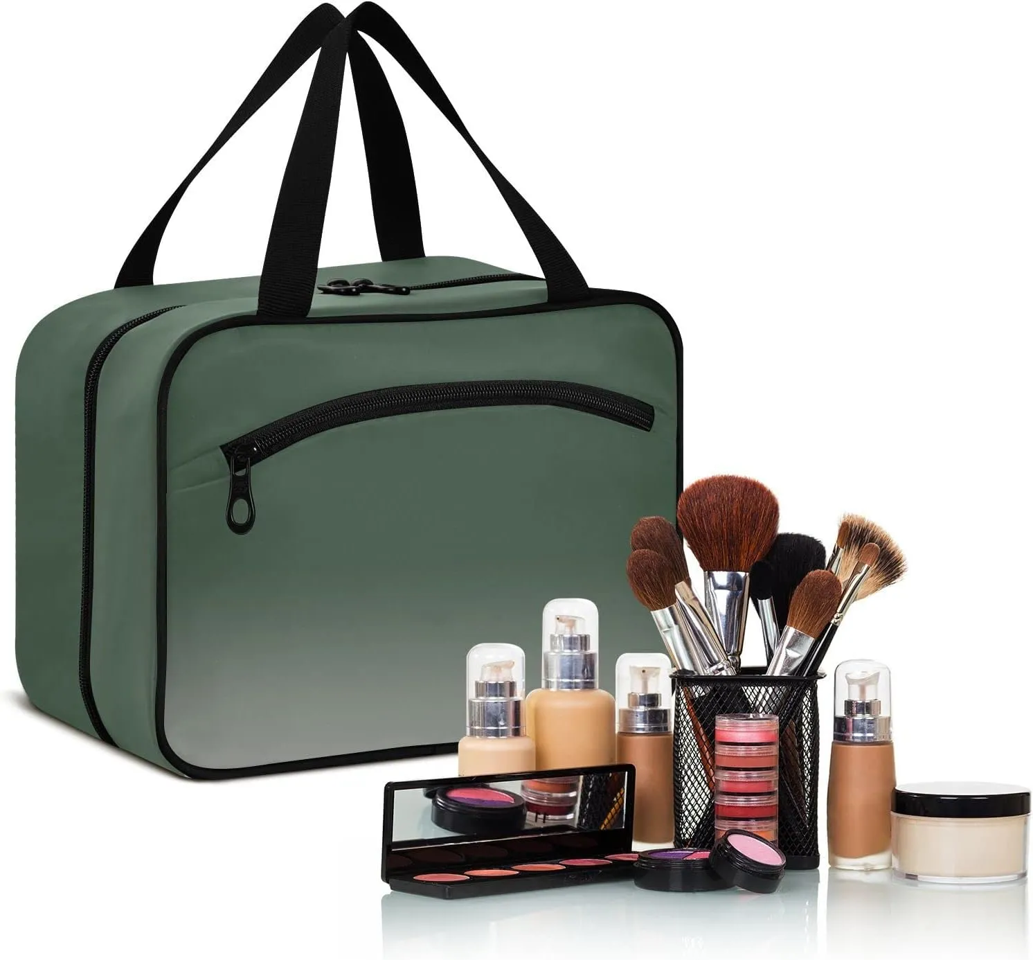 DOMIKING Green Silver Hanging Toiletry Bag Portable Cosmetic Bags Travel Makeup Organizers Pouches for Men Women Brushes Conditioner Medium