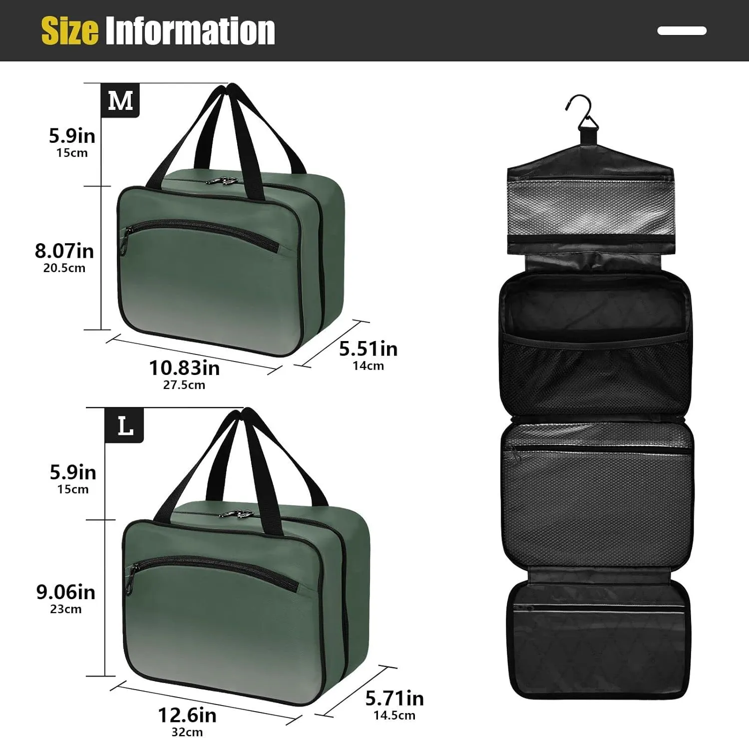 DOMIKING Green Silver Hanging Toiletry Bag Portable Cosmetic Bags Travel Makeup Organizers Pouches for Men Women Brushes Conditioner Medium