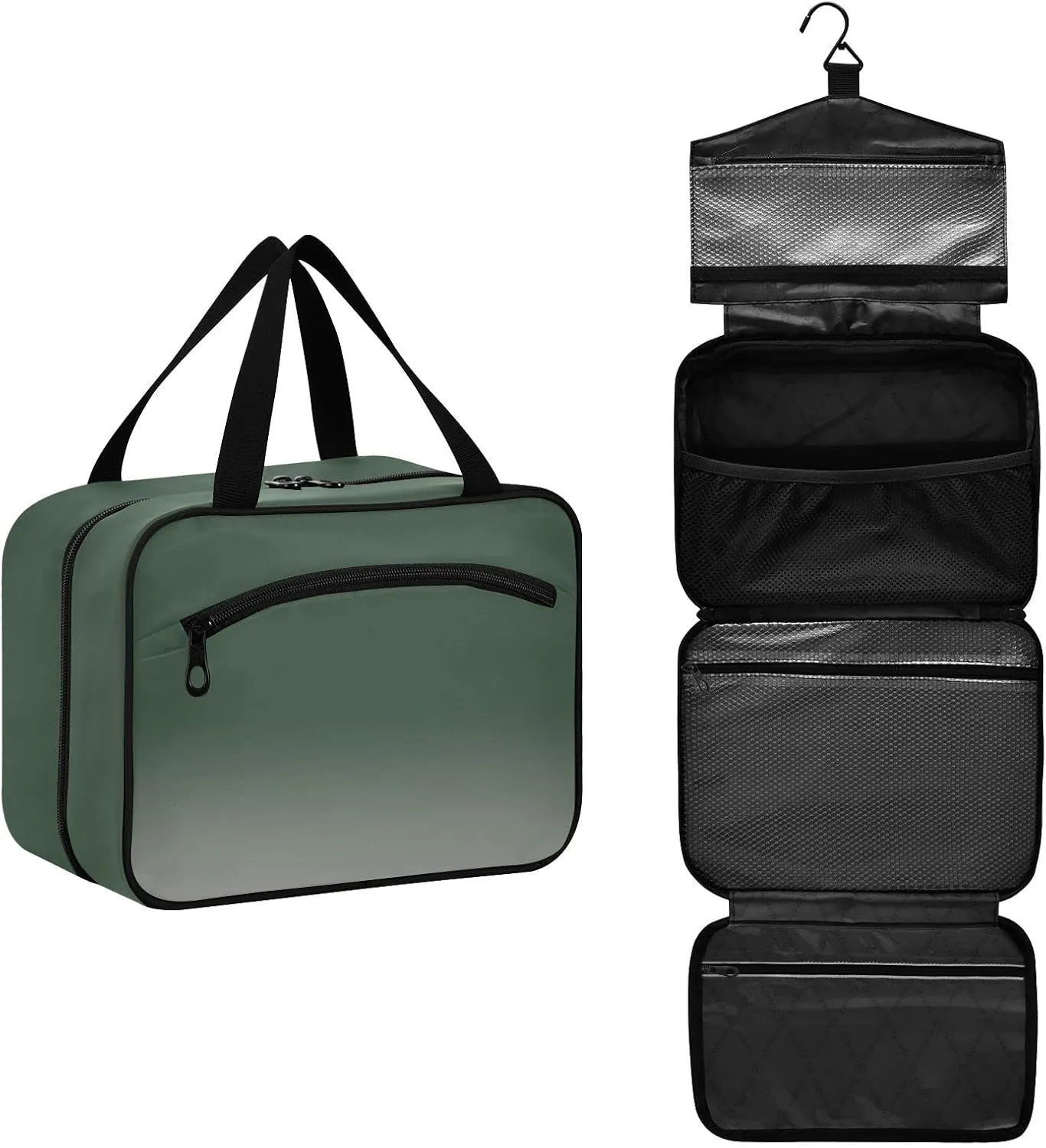 DOMIKING Green Silver Hanging Toiletry Bag Portable Cosmetic Bags Travel Makeup Organizers Pouches for Men Women Brushes Conditioner Medium