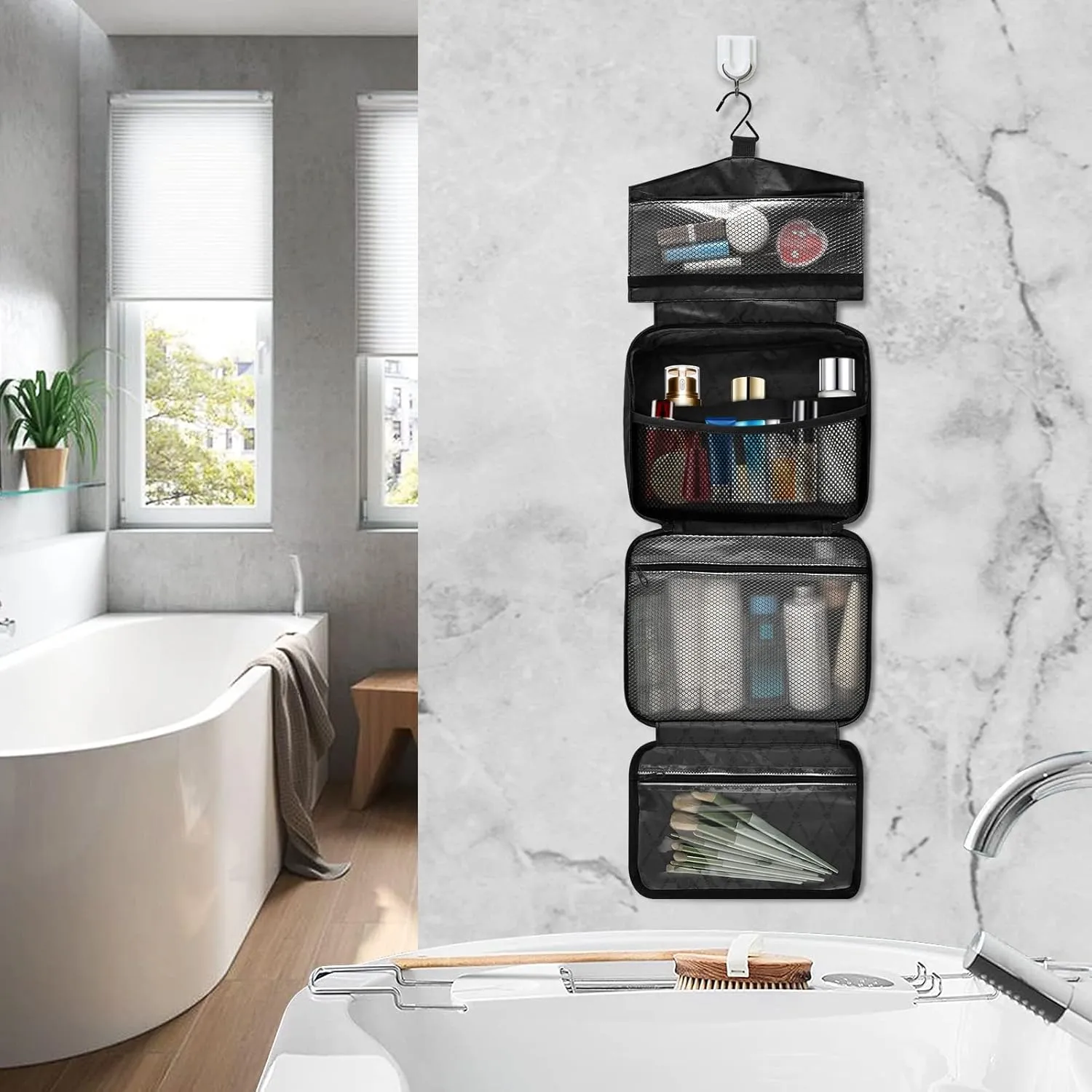 DOMIKING Green Silver Hanging Toiletry Bag Portable Cosmetic Bags Travel Makeup Organizers Pouches for Men Women Brushes Conditioner Medium