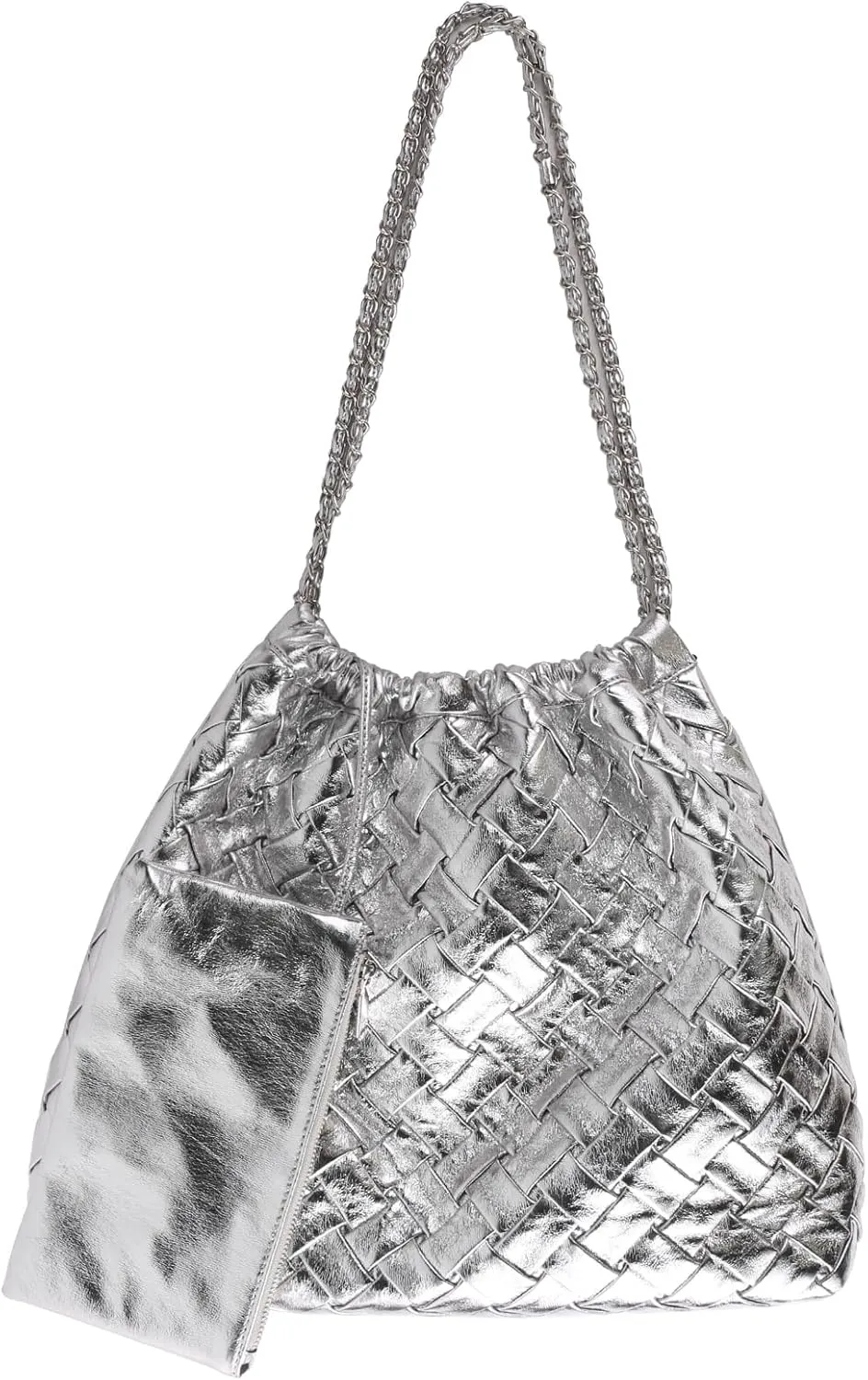 Drawstring Woven Shoulder Bag for Women, Large Vegan Leather Tote Bag Summer Beach Handbag with Purse Satchel Bag
