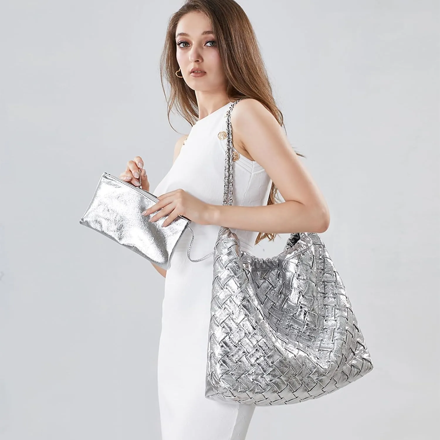 Drawstring Woven Shoulder Bag for Women, Large Vegan Leather Tote Bag Summer Beach Handbag with Purse Satchel Bag