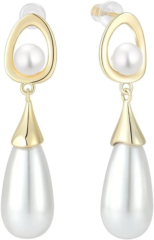 Drop Shell-Pearl Earrings for Women 925 Sterling Silver Golden Dangle Earrings for Brides, Bridesmaids, Birthday Gift