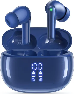 Ear Buds Wireless Earbuds - Bluetooth Headphones 40H Playtime LED Display Deep Bass Stereo in-Ear Earphones with IPX7 Waterproof for iPhone Android Phone Tablet Laptop, Navy Blue