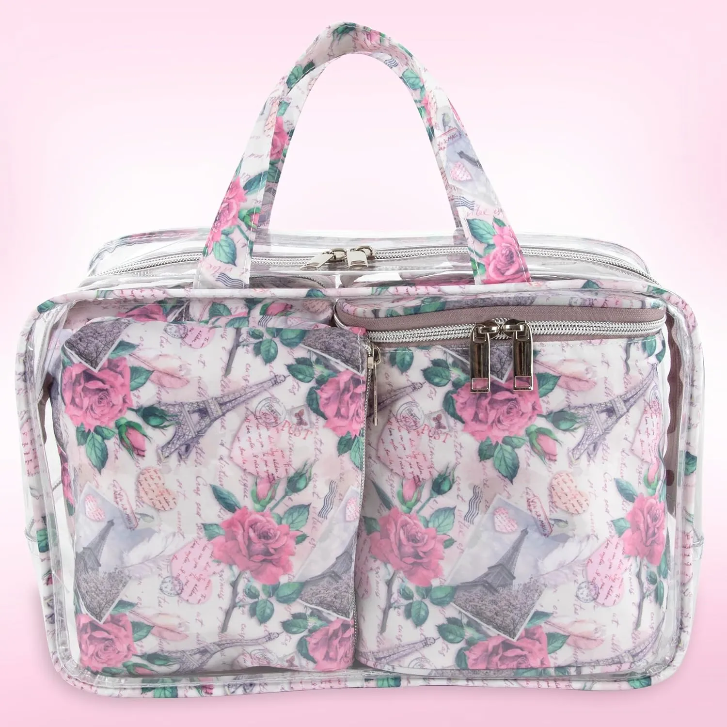 Emma & Chloe Travel Toiletry Bags for Women, 4 Piece Large Waterproof Cosmetic Case Set, Pouch Makeup Organizer Bags for Women, with Handle (Paris Rose Postcards)
