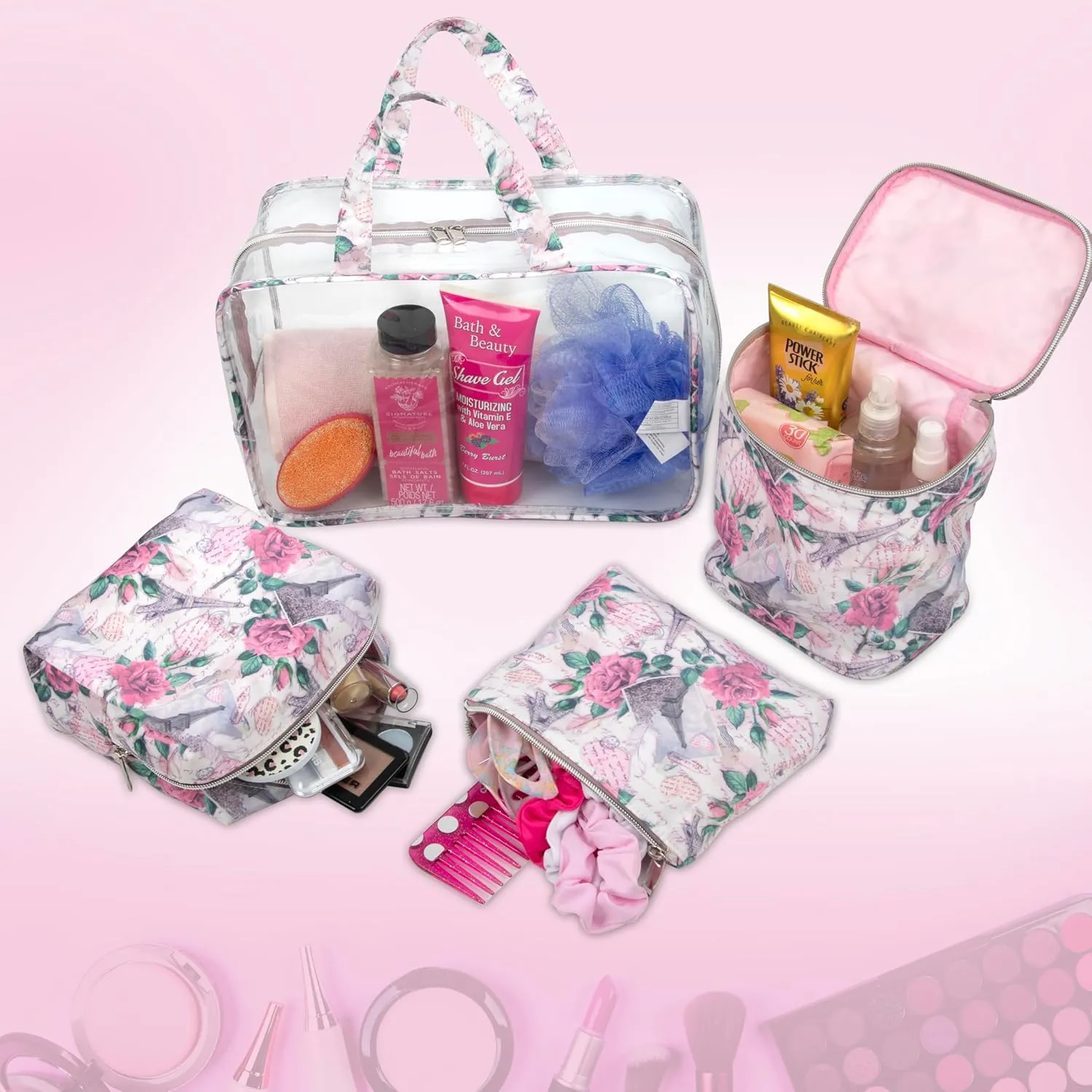 Emma & Chloe Travel Toiletry Bags for Women, 4 Piece Large Waterproof Cosmetic Case Set, Pouch Makeup Organizer Bags for Women, with Handle (Paris Rose Postcards)
