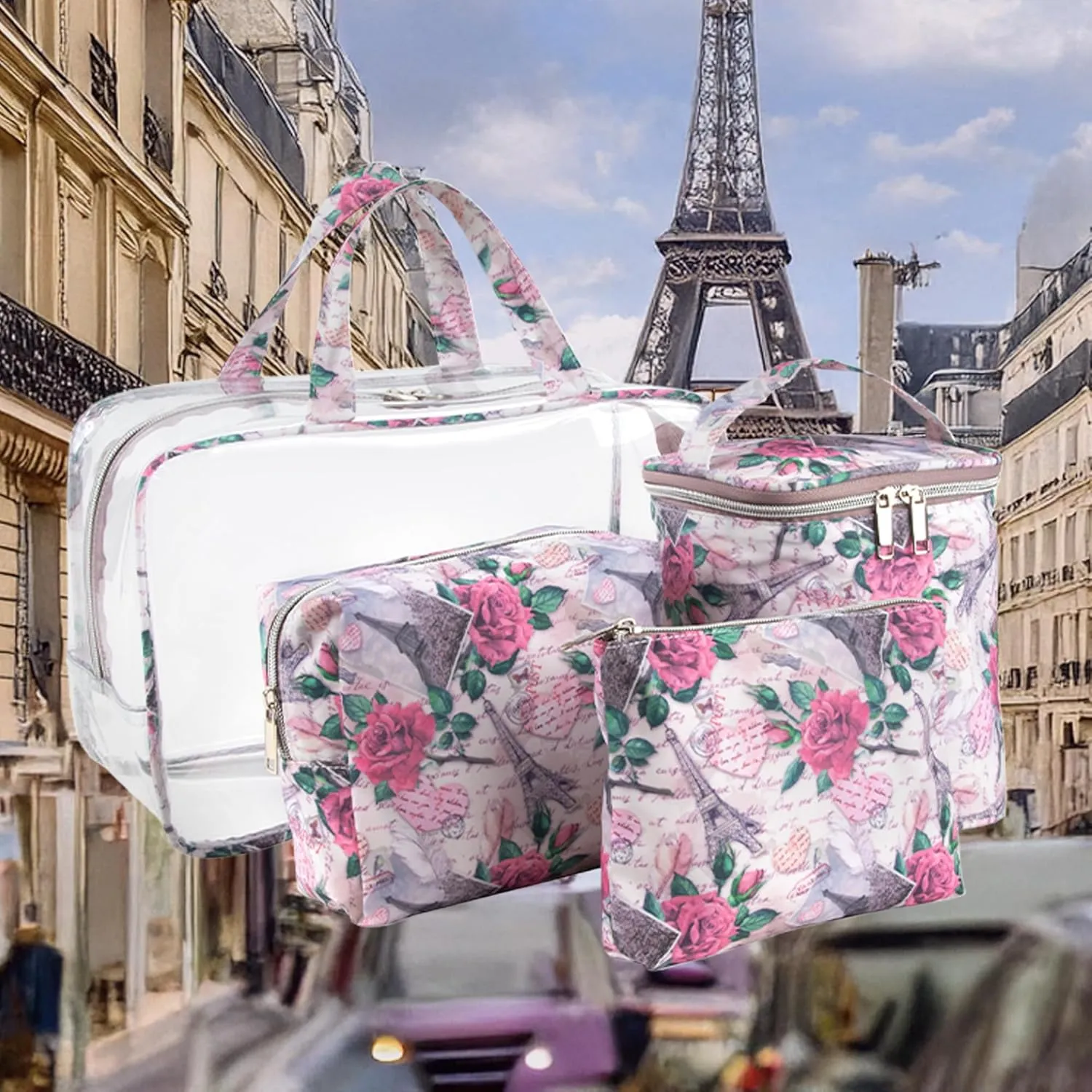 Emma & Chloe Travel Toiletry Bags for Women, 4 Piece Large Waterproof Cosmetic Case Set, Pouch Makeup Organizer Bags for Women, with Handle (Paris Rose Postcards)