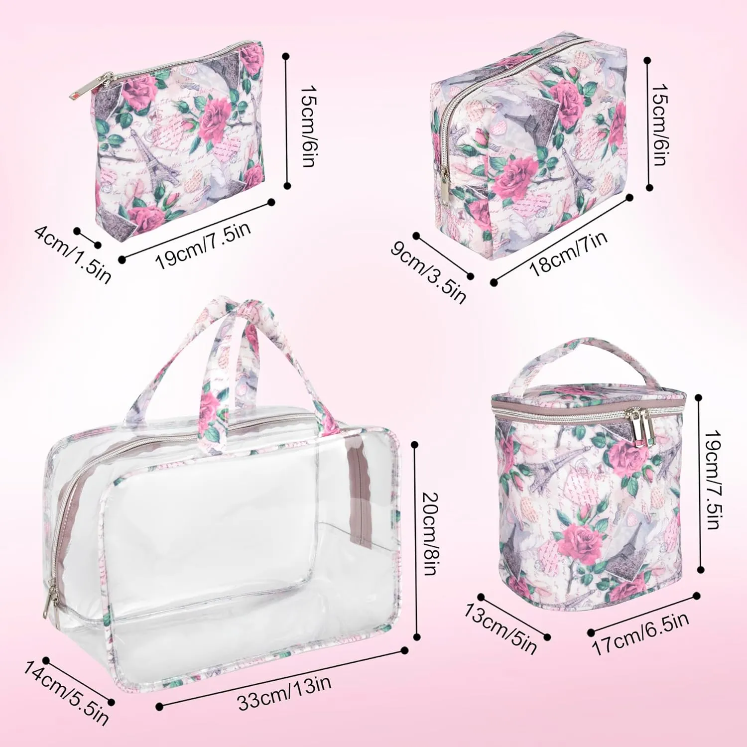 Emma & Chloe Travel Toiletry Bags for Women, 4 Piece Large Waterproof Cosmetic Case Set, Pouch Makeup Organizer Bags for Women, with Handle (Paris Rose Postcards)