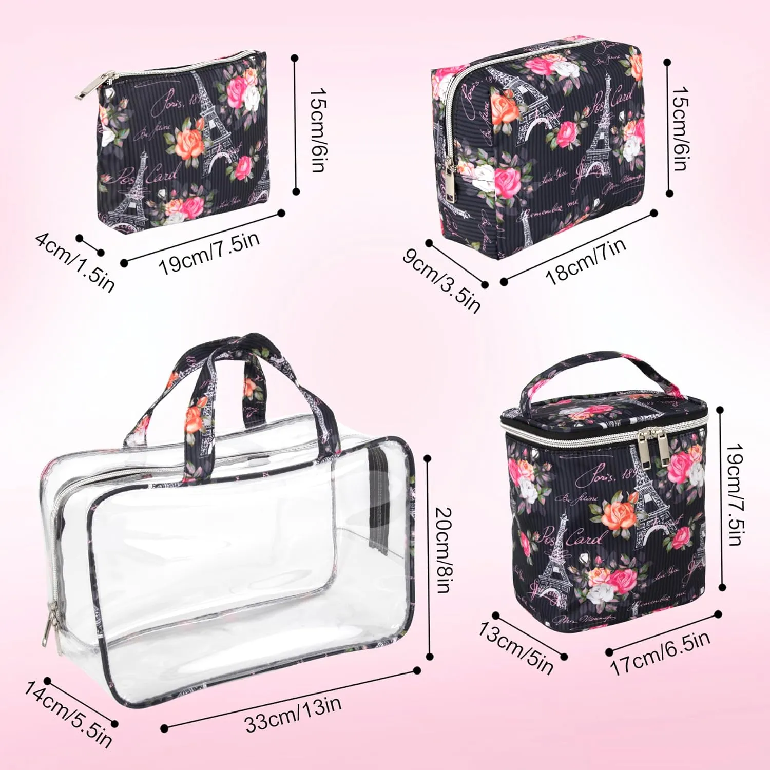 Emma & Chloe Travel Toiletry Bags for Women, 4 Piece Large Waterproof Cosmetic Case Set, Pouch Makeup Organizer Bags for Women, with Handle (Postcards from Paris)