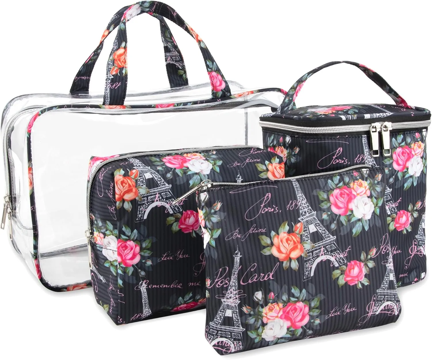 Emma & Chloe Travel Toiletry Bags for Women, 4 Piece Large Waterproof Cosmetic Case Set, Pouch Makeup Organizer Bags for Women, with Handle (Postcards from Paris)