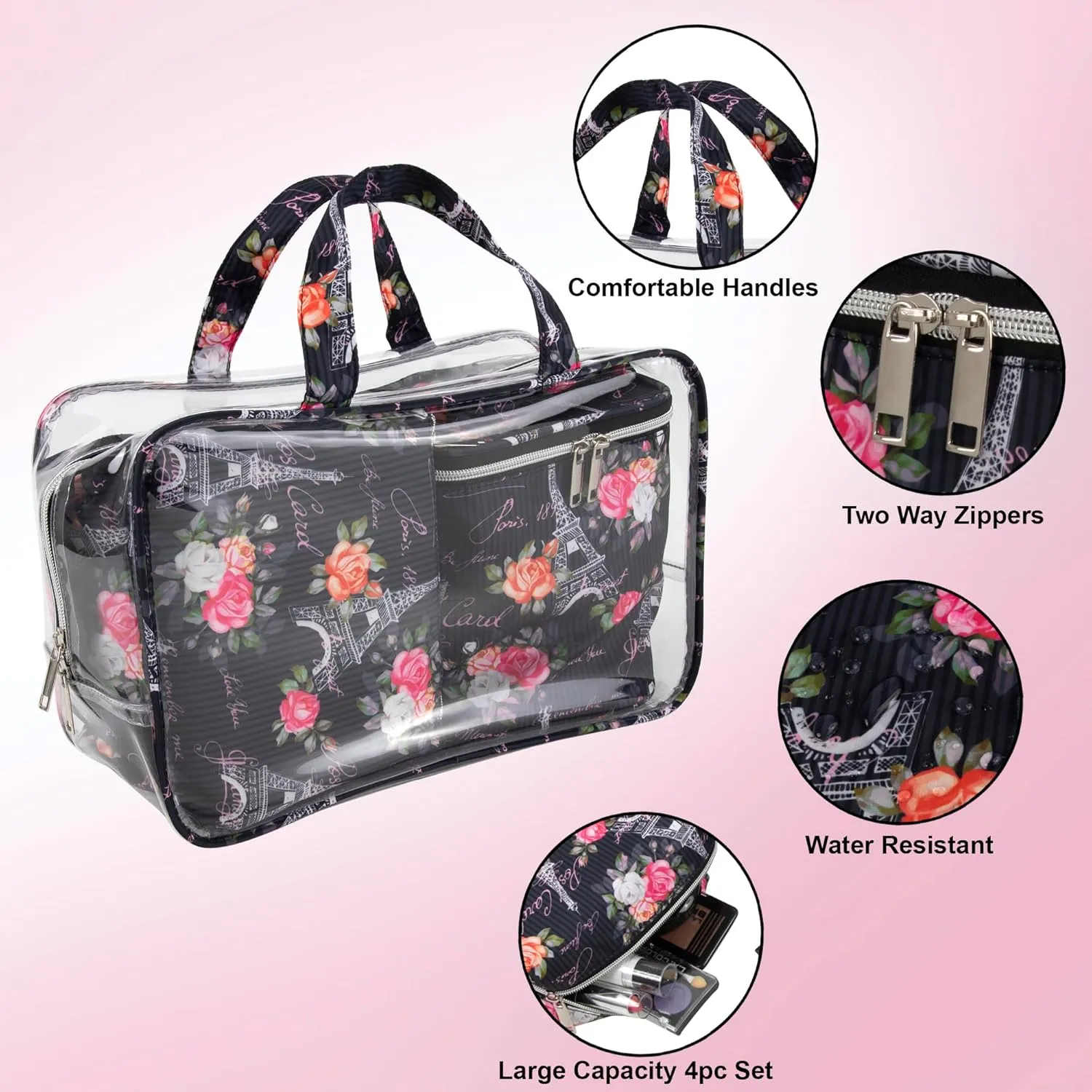 Emma & Chloe Travel Toiletry Bags for Women, 4 Piece Large Waterproof Cosmetic Case Set, Pouch Makeup Organizer Bags for Women, with Handle (Postcards from Paris)