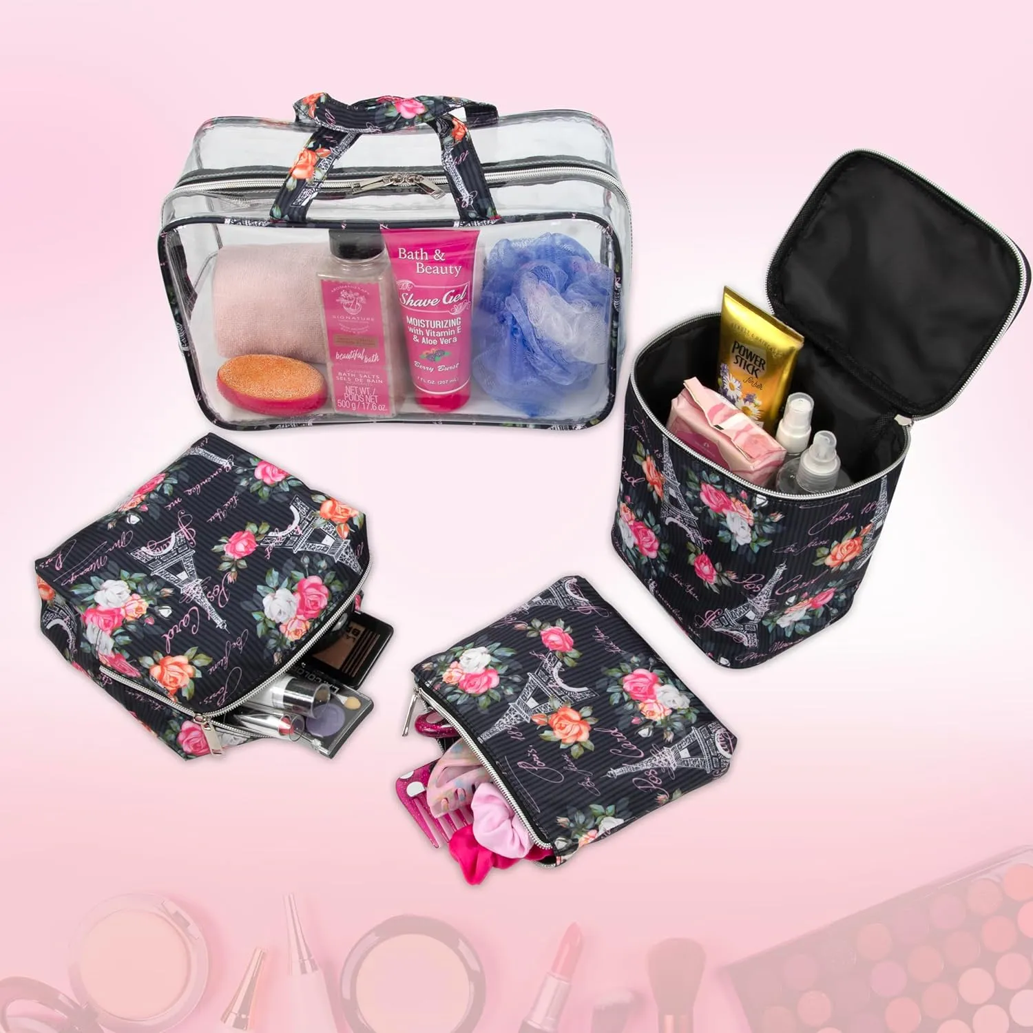 Emma & Chloe Travel Toiletry Bags for Women, 4 Piece Large Waterproof Cosmetic Case Set, Pouch Makeup Organizer Bags for Women, with Handle (Postcards from Paris)