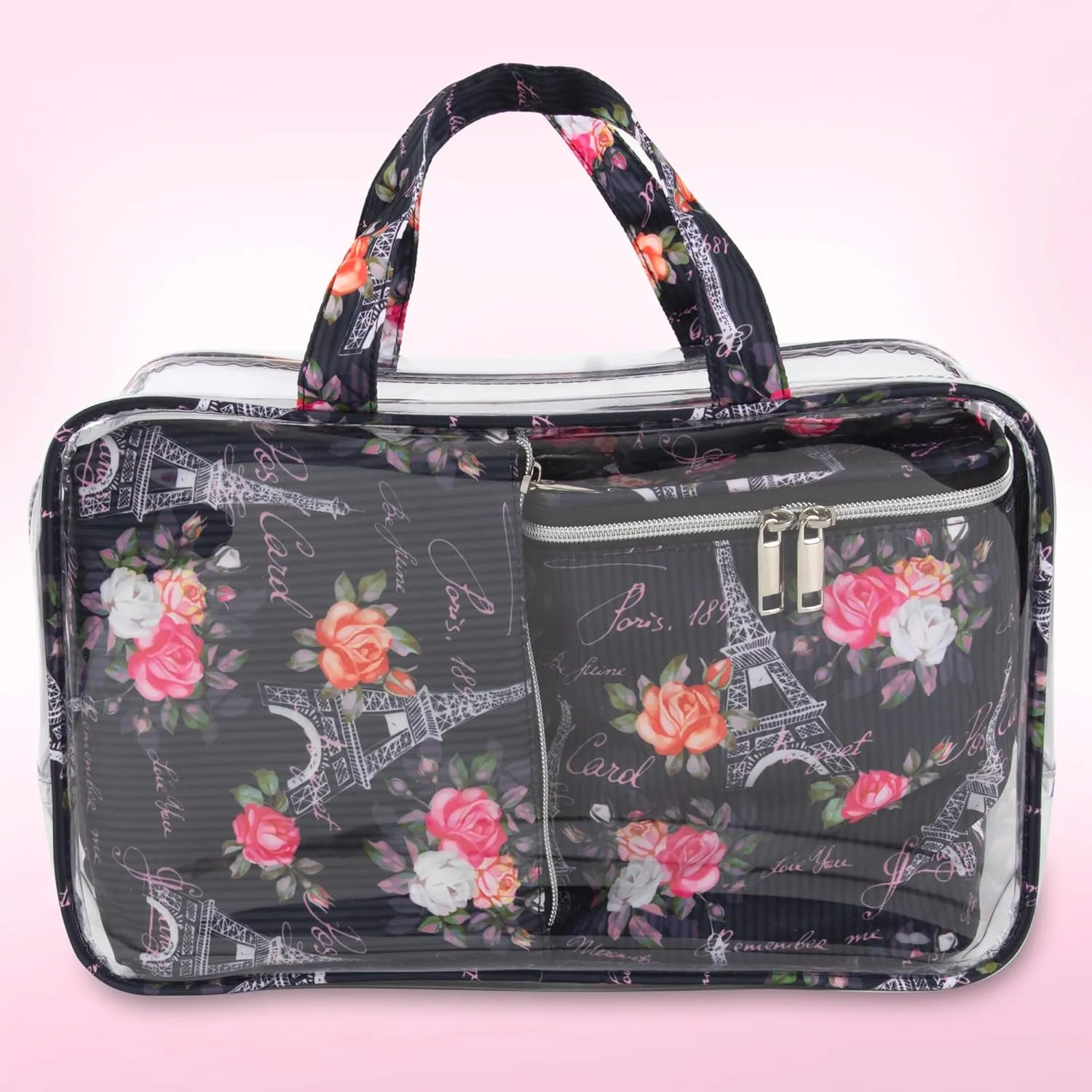 Emma & Chloe Travel Toiletry Bags for Women, 4 Piece Large Waterproof Cosmetic Case Set, Pouch Makeup Organizer Bags for Women, with Handle (Postcards from Paris)