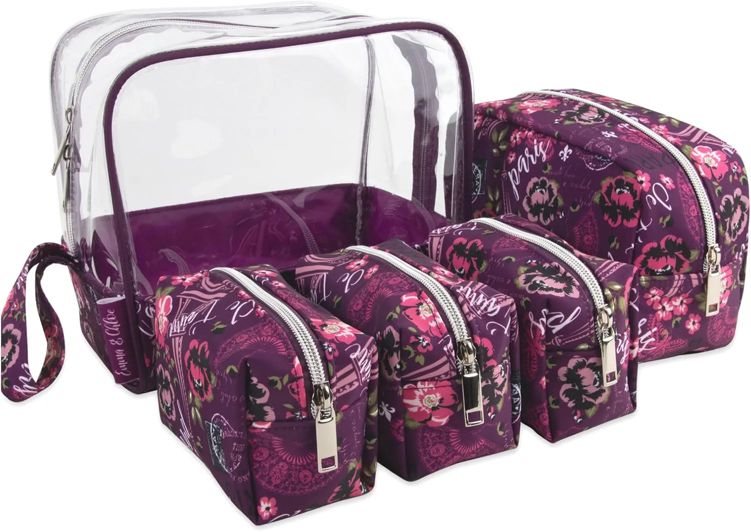 Emma & Chloe Travel Toiletry Bags for Women, 5 Piece Waterproof Cosmetic Case, Bag, Pouch Makeup Organizer Set for Women, Home Counters (Je T'aime Paris)