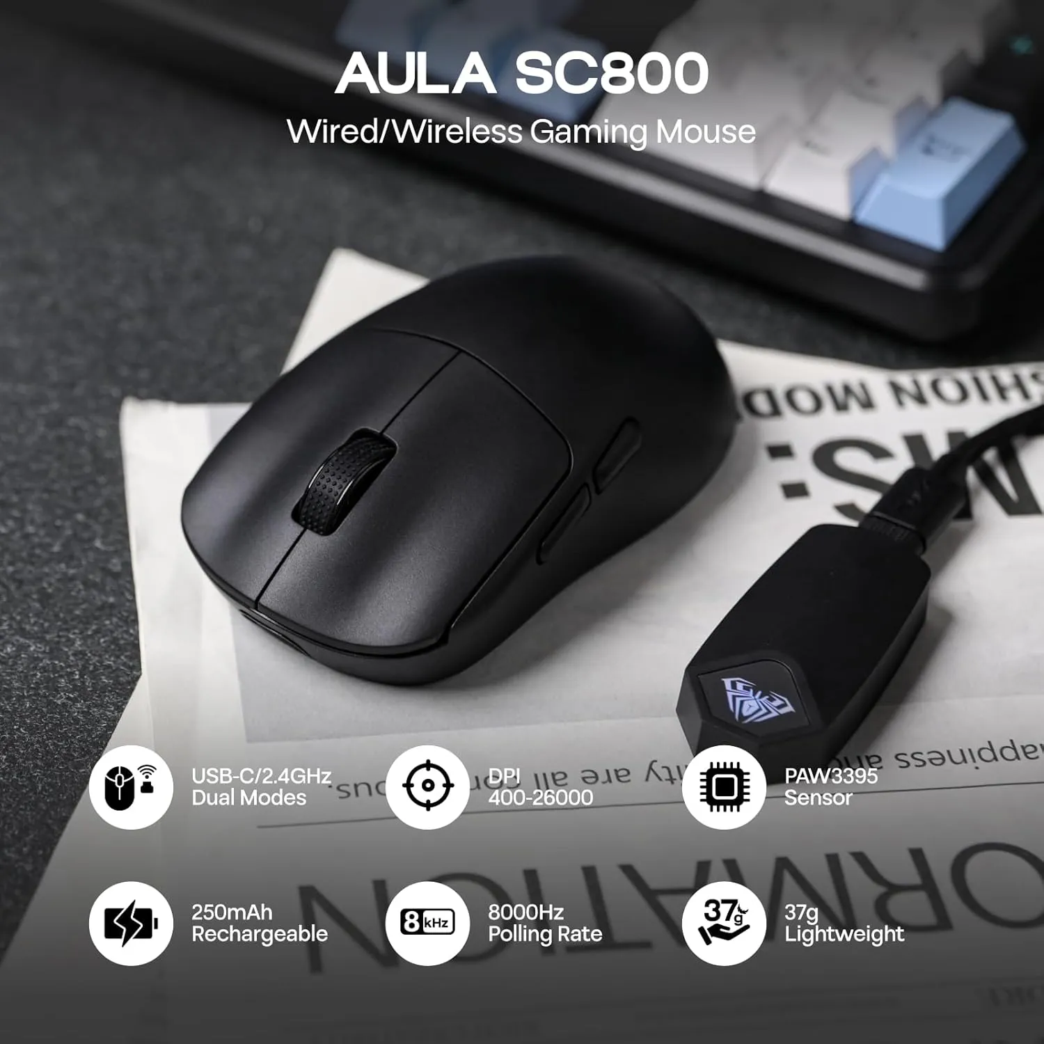 EPOMAKER Aula SC800 Wireless Gaming Mouse, 37g Lightweight, Adjustable 26,000 DPI, 8k Polling Rate, PAW3395, Programmable Buttons, On-Board Memory, 250mAh Battery, PC/MAC/Linux (Black)