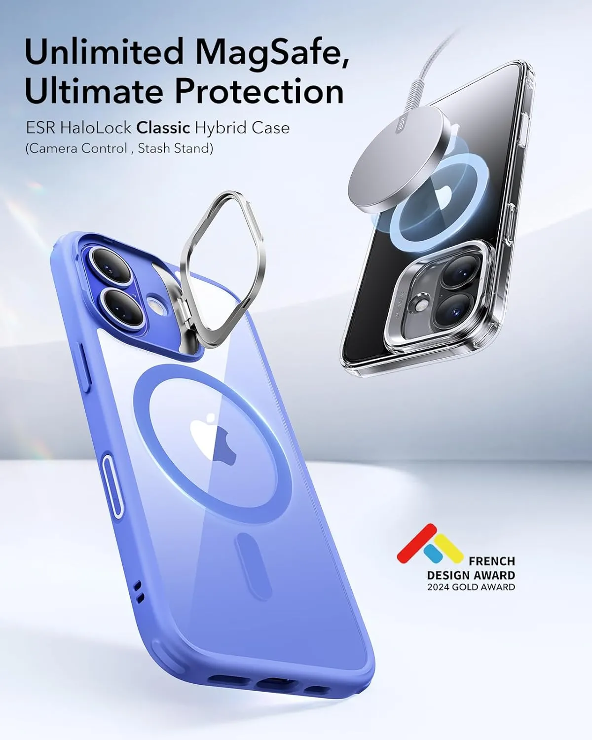 ESR for iPhone 16 Case, Camera Control Button Compatible with MagSafe, Military-Grade Protective Case, Built-in Stash Stand Phone Case, Scratch-Resistant Back Cover, Classic Series, Clear Blue